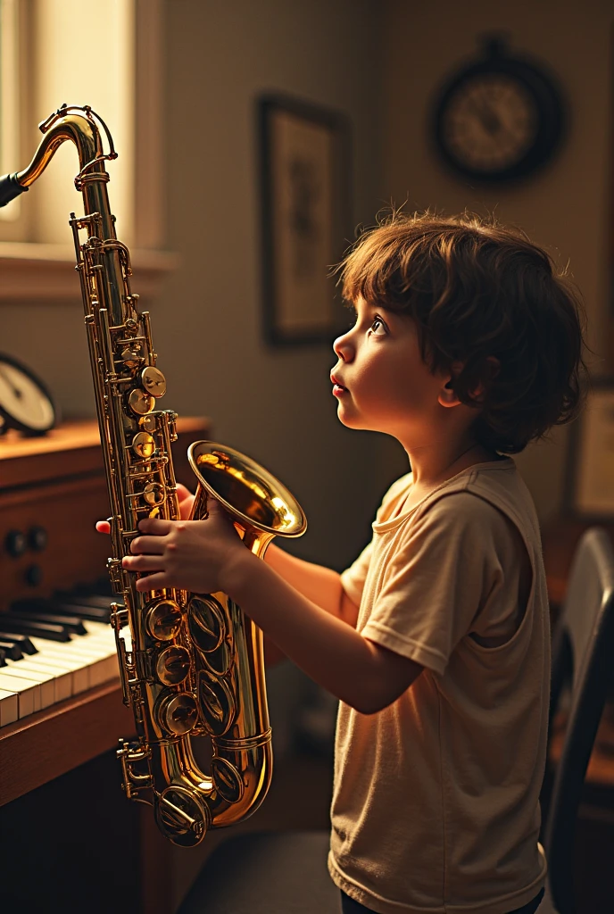 Create UHD photorealistic realistic image, no animation, no 3D image, no Pixar style. A 14-month-old French boy with soft brown hair and hazel eyes, sitting at a miniature piano in a sunlit room. He is wearing a white shirt with suspenders, deeply focused on the keys. The background shows sheet music scattered around, with sunlight streaming through a window. Captured with a Leica M10-R, 50mm lens, f/1.4, highlighting the details of his tiny fingers, perfect for a family album.