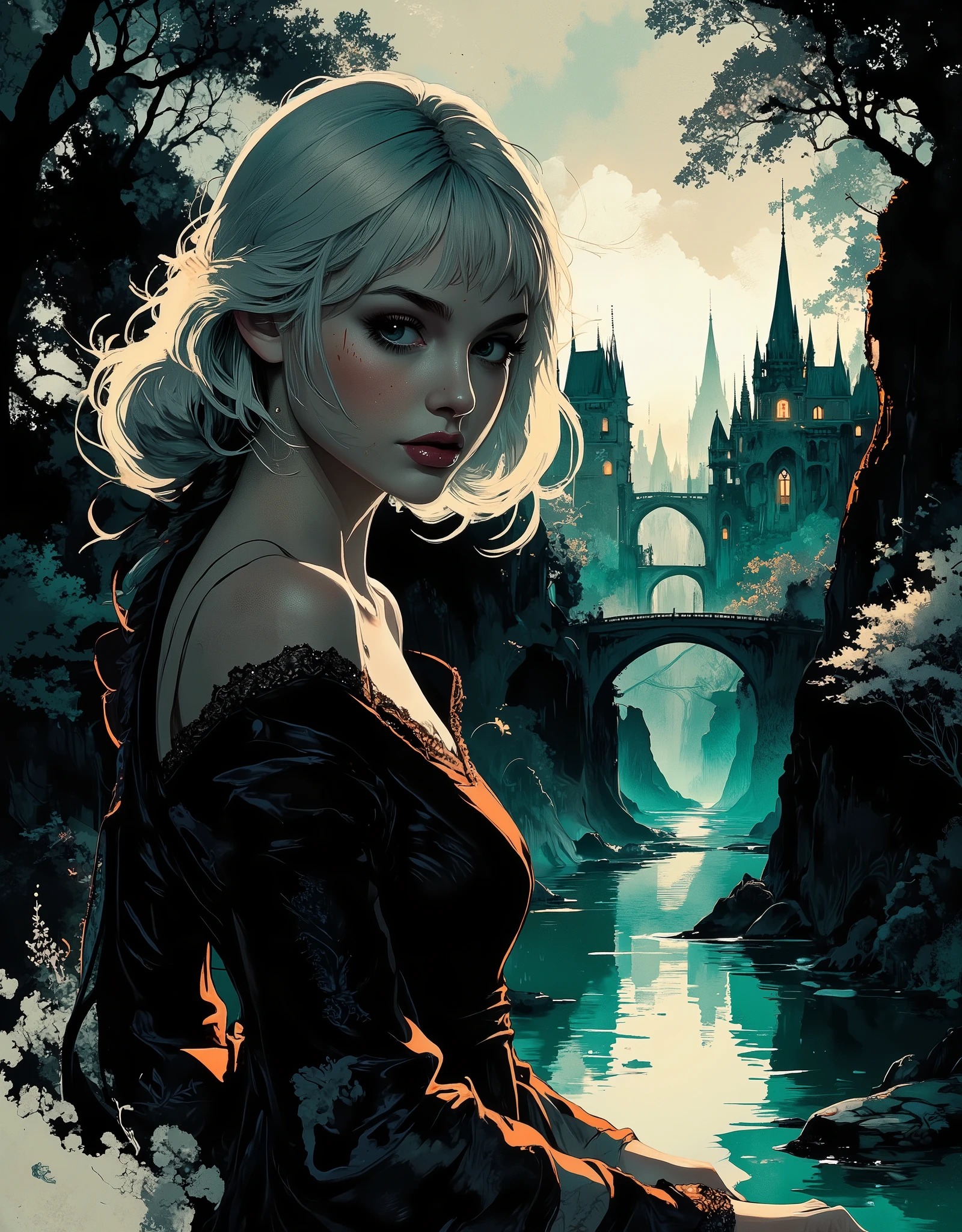 Silhouette art, breathtaking detail, a masterpiece that inspires awe, a shining, magnificent, dark background, the outlines of magnificent architectural objects emerging in the dark, ornate and incredibly detailed, pink, blue, neon-outlined castles and towers, delicate arches, aerial bridges spanning the transparent waves of the emerald channel enclosed in granite slabs Along the mossy embankment, the midnight glow at the horizon highlights the depth of the fabulous landscape and creates a fantastic color gradient, a photorealistic portrait of a stunning oriental pale-skinned woman.-the vampire, the queen of nocturnal fantasy, looking down over her shoulder, a long white bob, bangs, finely detailed strands falling over her face, give the image mystery and mystery, slightly squinted almond-shaped expertly lined, very light, almost snow-blue irises, the shadow on her eyes from incredibly thick, curved long, almost doll-like eyes eyelashes, parted full juicy shiny crimson lips, showing slightly exposed snow-white fangs, a seductive, sultry, lustful mistress dressed in the finest iridescent lace, through which shines a luxurious, white, delicate, seductive body, silhouette, light falling from the side of the face, the other side of which is hidden in darkness, the atmosphere of an intriguing dark mystery, highly detailed digital art on the theme of Gothic fantasy, surrealism and abstraction.