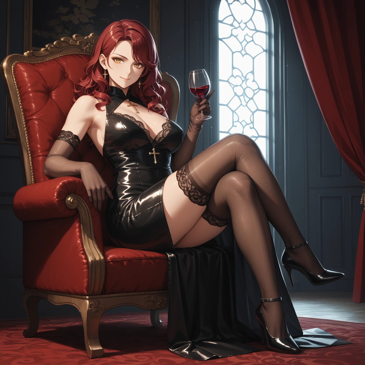 Vampire girl aristocrat sexy gothic black clothes, gothic clothes, choker holding a glass of wine, vampire fangs