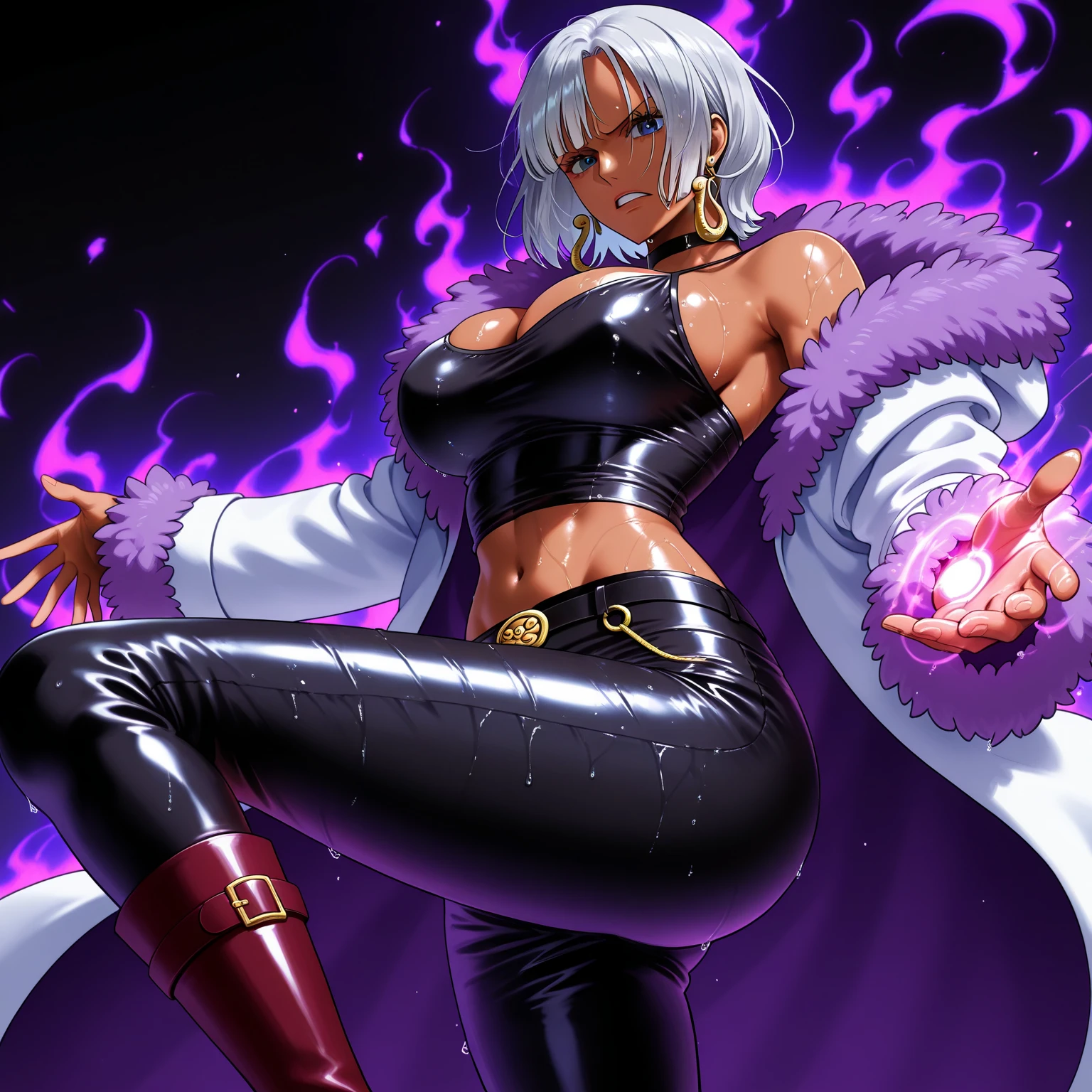 Hibana, 1girl, solo, upper body, portrait, glowing eyes, angry face, white dress, necklace, cleavage, (black fur edge, black coat), flames, sakura petals floating, flames spinning, perfect quality, good quality, masterpiece, HDR, UHD