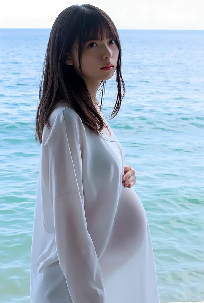 1 woman, 35 years old, middle-aged, fat face: 1.3, whole body, fat on the belly: 1.3, big belly: 1.3, pregnant, 40-weeks pregnant, overdue, obesity: 1.3, middle-aged women: 1.3, slightly chubby face: 1.3, beautiful woman, fat on the belly: 1.3, (wears dark brown hair), does not expose: 1.3, very fat: 1.3, fat, loose dress: 1.3, loose clothes, super detailed face, detailed eyes, double eyelids, blurred background, fat face, beach,full body,