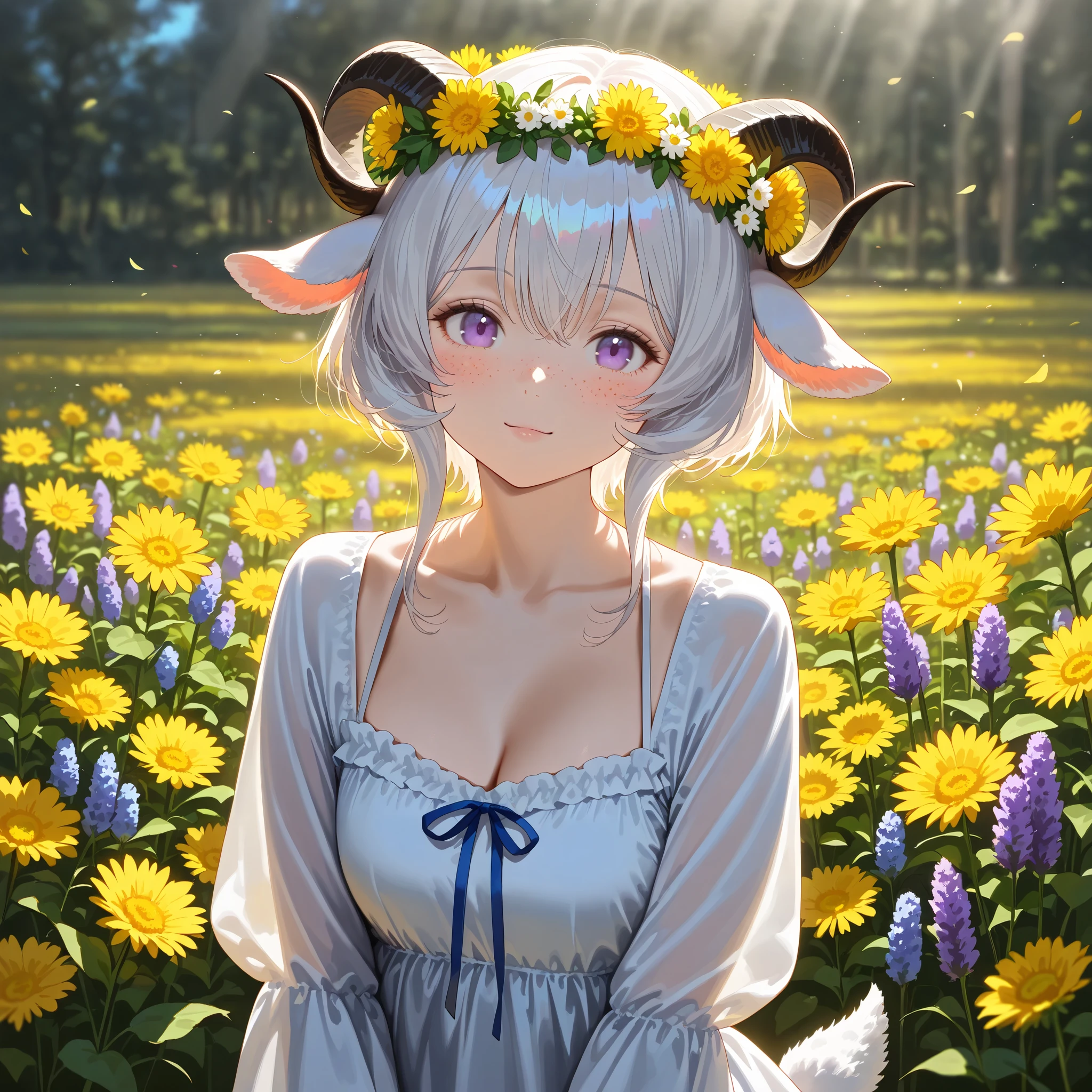 (High CT quality,4k,High resolution,mainpiece:1.1),(Very detailed,Realistic:1.37,Best quality,masterpiece, high resolution,on_body), (Tyndall effect,photorealistic, Edge lighting, Two-color lighting),(high definition skin:1.1), (8K UHD, DSLR quality, soft lighting, high quality, surround lighting, sincere, de 8K , 4K, 8K.) A village goat girl. white short goat horns grow on her head,little goat tail and fluffy goat ears. she has white skin covered with blush and freckles. She has short curly white hair and a bob haircut.She has purple eyes. She is wearing a white sundress with an open neck and breeches with long airy sleeves. She has a wreath of dandelions and clover on her head. Background : a sunny day in an endless field where many wildflowers such as clover, dandelions, daisies, lavender, bluebells and cornflowers bloom.