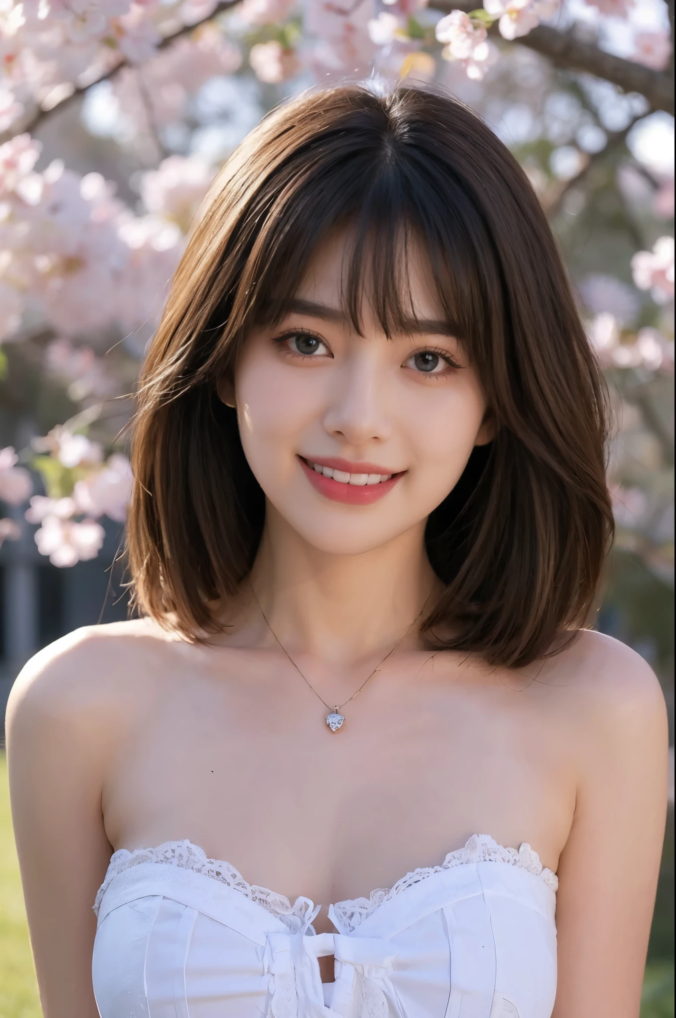 (Has an erotic look:1.5)、(Her breasts are in full view:1.5)、Nipples are visible、(RAW Photos), (Realistic), (masterpiece), (highest quality), High resolution, 8K resolution, (Intricate details), (Volumetric Light), Portraiture, woman,, short hair, Straight hair, Layered Hair, Brown haired, Highly detailed eyes, Source order, Very thin eyebrows, Highly detailed skin, Highly detailed mouth, Highly detailed nose, Cute like an idol, smile, ((Thick lips)), ((Look at the viewers)), (Elegant blouse)、Cleavage、Cleavage、The color of the clothes is up to you、