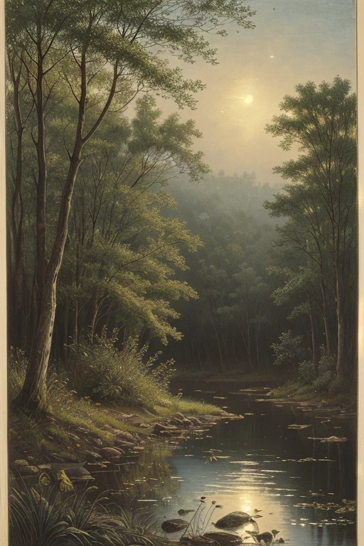 vintage victorian style, Ancient accurate encyclopedia  (the best quality:1.2), (Detailed:1.2), (masterpiece:1.2), old illustrations of a swampy forest at night,  soft light, fireflies