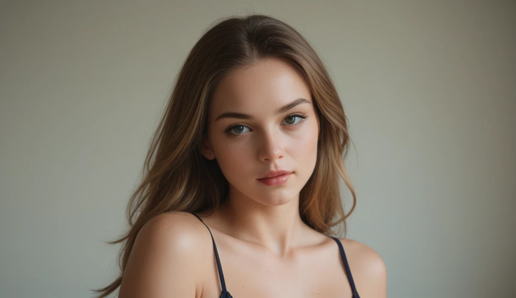 cute pretty caucasian teen girl with smooth skin with long hair wearing a colored low waist thong, standing fully in frame, showing ass. The setting should have soft, natural lighting.