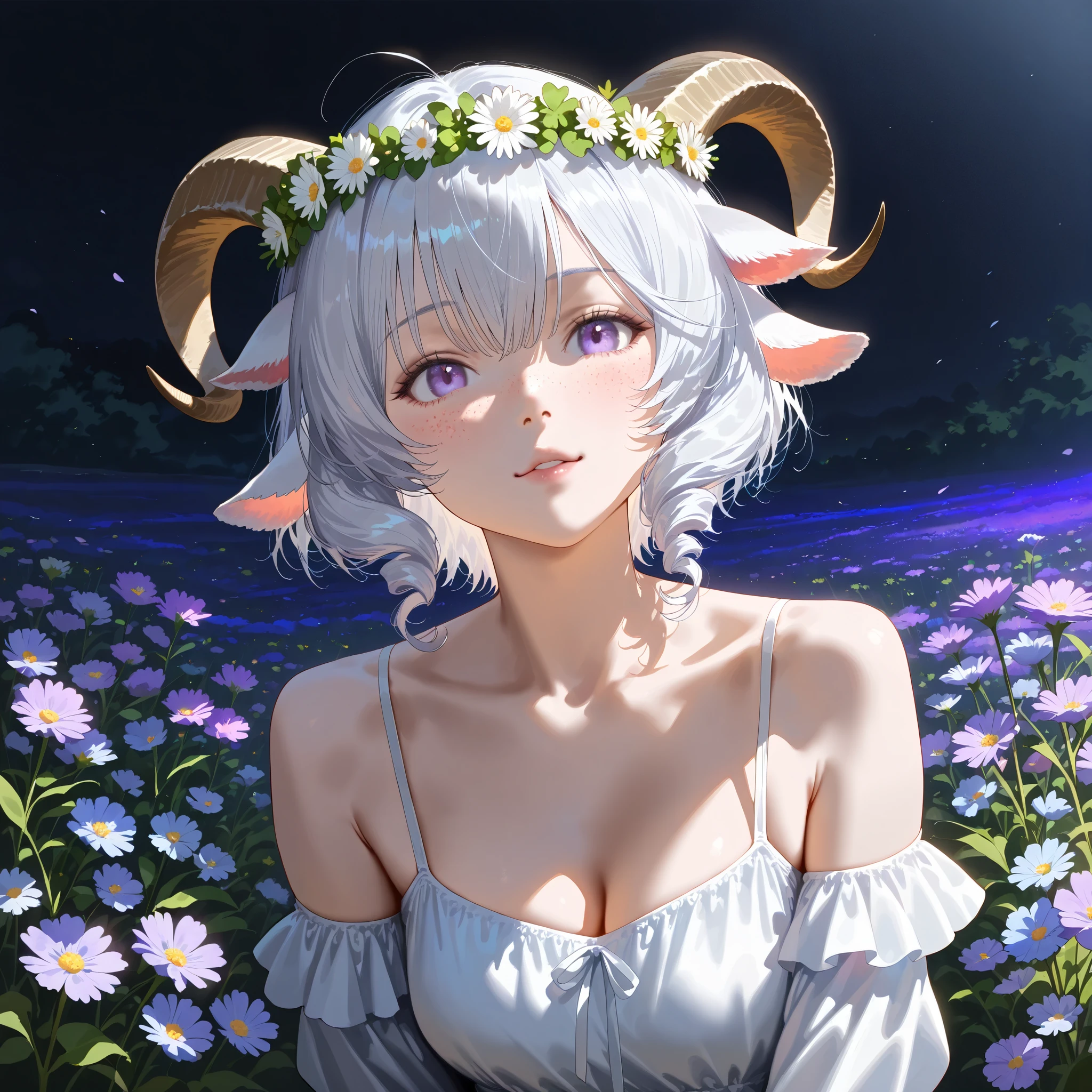 (High CT quality,4k,High resolution,mainpiece:1.1),(Very detailed,Realistic:1.37,Best quality,masterpiece, high resolution,on_body), (Tyndall effect,photorealistic, Edge lighting, Two-color lighting),(high definition skin:1.1), (8K UHD, DSLR quality, soft lighting, high quality, surround lighting, sincere, de 8K , 4K, 8K.) A village goat girl. white short goat horns grow on her head,little goat tail and fluffy goat ears.  she has white skin covered with blush and freckles.  She has short curly white hair and a bob haircut.She has purple eyes. She is wearing a white sundress with an open neck and breeches with long airy sleeves. She has a wreath of dandelions and clover on her head.  Background : a sunny day in an endless field where many wildflowers such as clover, dandelions, daisies, lavender, bluebells and cornflowers bloom.