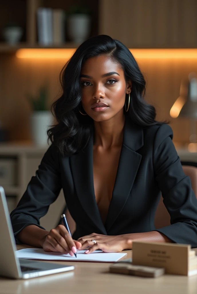 Beautiful black skin lady wearing suit sitting in the studio looking straight to the camera with laptop in front of her 