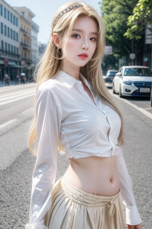Woman with light brown skin, long wavy blonde hair, red blouse, low neckline, blue jeans, on a dirty street.