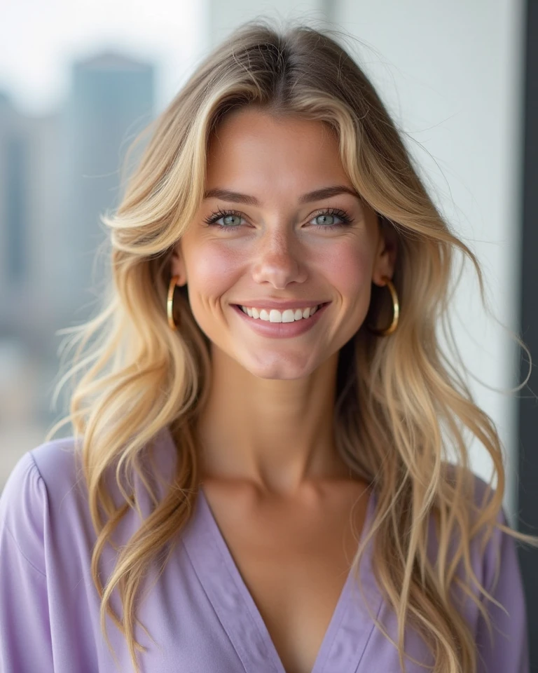 A realistic portrait of a young woman with long, soft wavy blonde hair ...