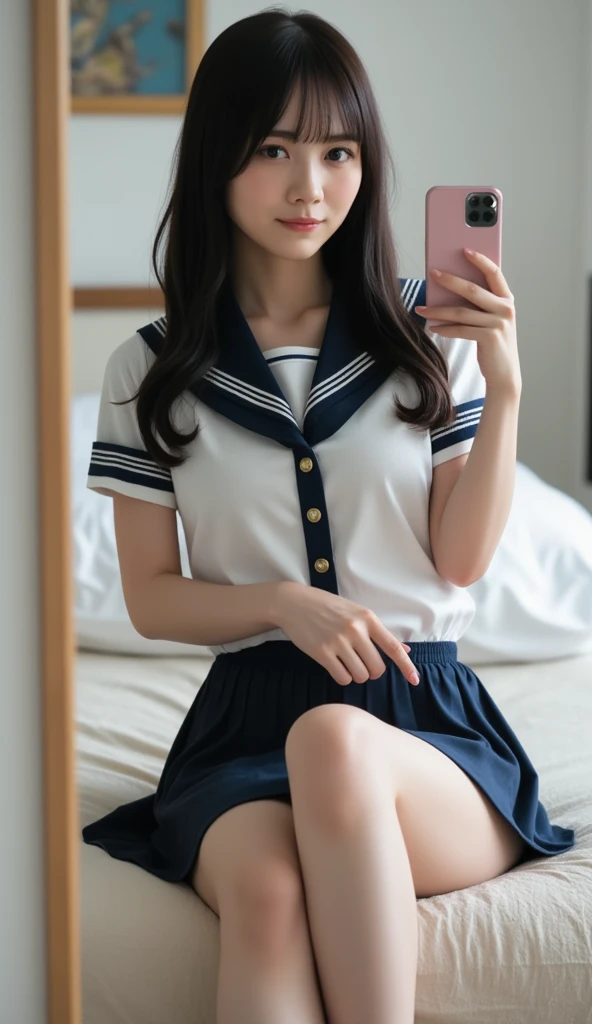 a closeup, masterpiece, top-quality, FULL ANATOMY、Raw foto, Photorealsitic、(Cute little face:1.3)、(Very cute smile:1.7)、(with round face:1.9)、(She has a cute face like an idol:1.4), A dark-haired、(Wearing a school uniform:1.4), depth of fields, hight resolution, ultra-detailliert, finely detail, ighly detailed, extremely detailed eye and face, Realistic pupils, foco nítido, Cinematic lighting、19-year-old woman、(One lady、独奏)、 poneyTail、Curly hair、Very detailed 8k wallpaper、Plaid pleated skirt、Show me your whole body、(Plump panties:1.3)、Cute panties in light colors、(Panties are visible from the skirt、Lift the hem of the skirt with both hands、Showing her panties to the camera)、is standing、Angle from below、(Thigh close-up、cammel toe:1.3)、(Nice figure、big breasts thin waist、Kubire、Clothes with emphasized chest bulge:1.3)、depth of fields、Bokeh in the background