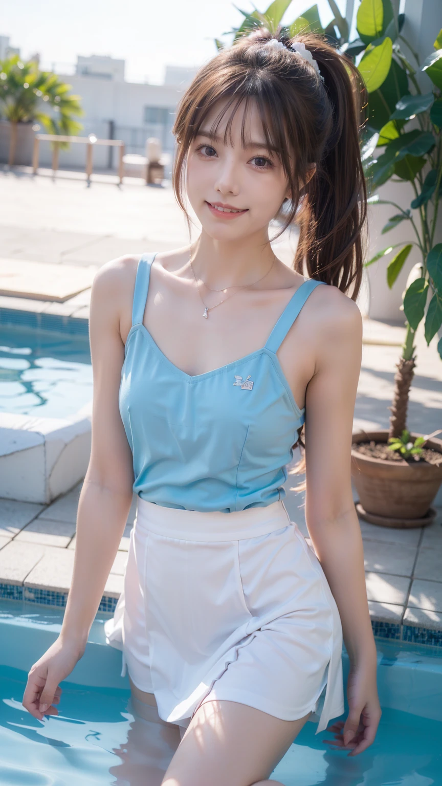 (8K、Raw photography、top-quality、masterpiece:1.2)、(reallistic、Photorealsitic:1.37)、top-quality、超A high resolution、Poolside in summer、Lots of sunflowers in the background、photon maping、White panty、Close up portrait of woman in miniskirt, Leather Tank Top, Female Fashion Model,I'm sitting in a high chair、Spread legs、beautiful thigh、Beautiful navel、Beautiful camel toe、Show white panties,knees up、 、depth of fields、Summer background、poneyTail、、motion-blur、girl with、(ful)Body), long legged, Thin leg, long, poneyTail、Hands on the hips、bangss, (Bangs are visible), hair_ornament detached, s lips, hair clips, 独奏,, Red Plaid Pleated Mini Skirt, Leather Tank Top, Black loafers, Thigh, White cotton socks,