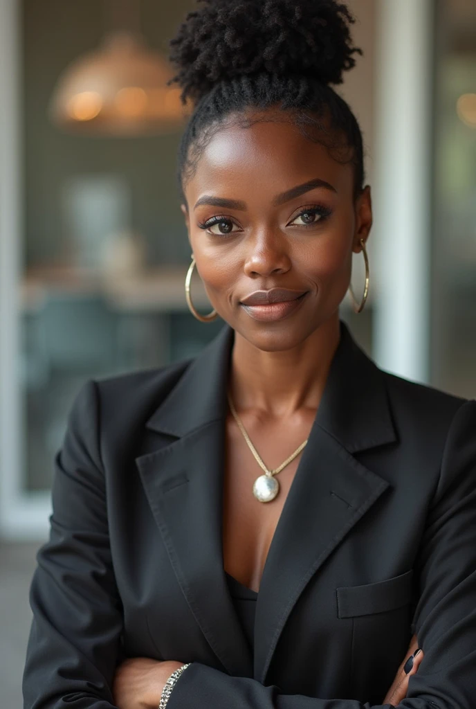 high detail, modern, Realism, Hyperrealism, cinematic lighting, depth of field, UHD, retina, masterpiece, acurate, anatomically correct, textured skin, super detail, high details, high quality, award winning, best quality, highres, 8k, Photo of a cute brunette black woman with curlyhair in a bun sitting in an office wear a black suit jacket with unbuttoned blouse pleasant atmosphere