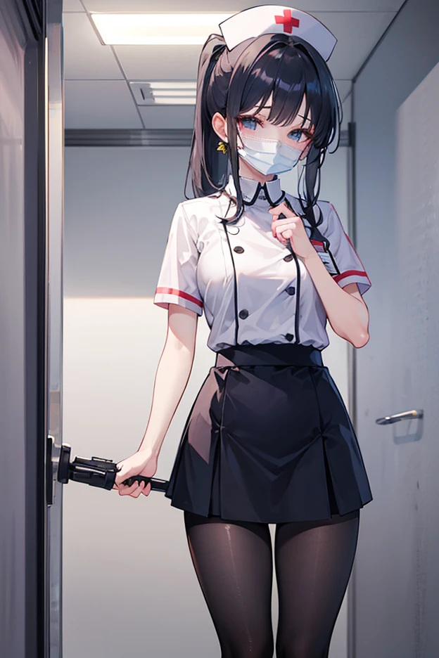 1girl((Long dark brown hair、pig tail)、blindfold、hair band、Cotton shirt、skirt,White Silk Sexy Lingerie、,garter belt、Red School Bag、a girl, tall, height 1.3meters, 30kg,,slim,(shackles,restrained))