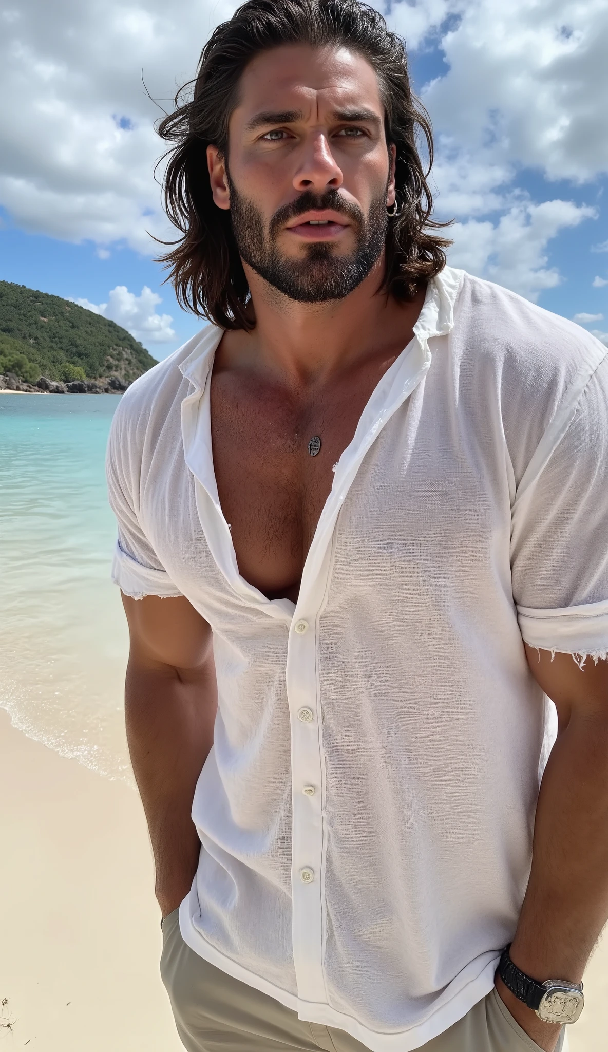 Masterpiece, denoise, void noise, one man, best quality, 8k resolution, male focus, focus only, amazing composition, volumetric lighting, super quality, elegant, Very detailed, front view, -----------, muscular, (pale skin), ((((((Caucasian white man)))))), very handsome, (detailed light-blue eyes), ((messy hair)), big ears, (hairy), scruffy beard, ((big pink nipples)), ((perky nipples)) ------------, (((beach shorts))), (((light-colored mesh hawaiian shirt))), (((opening shirt))), (((sitting, legs open facing viewer))), (((looking at viewer))), bulge