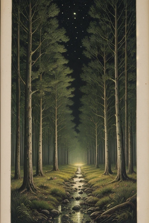 vintage victorian style, Precise ancient encyclopedia (the best quality:1.2), (Detailed:1.2), (Masterpiece:1.2), old illustrations of a swampy forest at night, soft light, fireflies