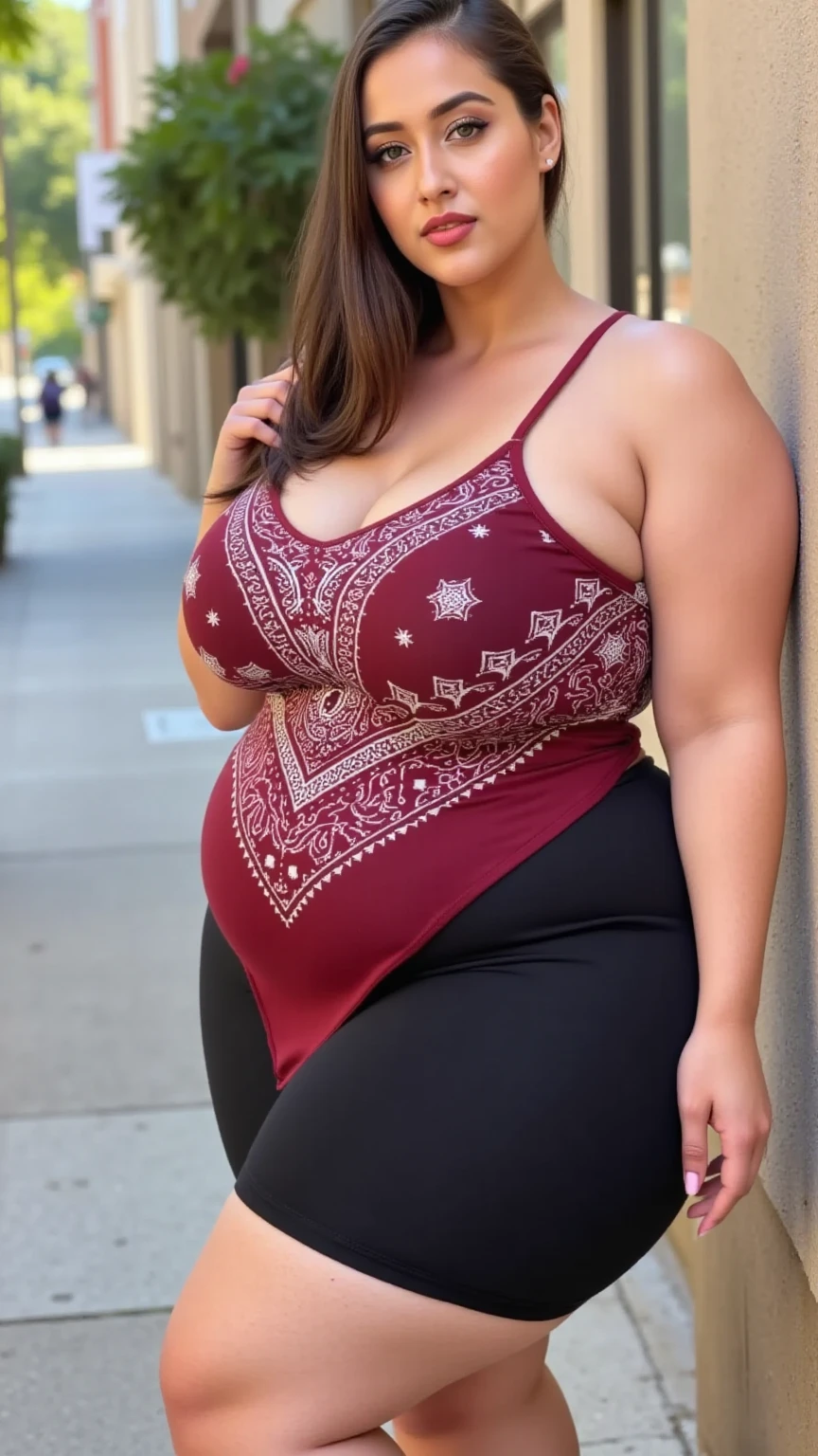 there is a woman posing in a dark room with a formal malay gamis clothes , thick body, beautiful thick female, wide hips, thick legs, she has a jiggly fat round belly, thick thighs, curvy hourglass figure, thicc, curvy model, widest hips, hyperrealistic full figure, bbwchan, voluptuous body, thick, , ((Chubby woman:1.lump woman:1.3)), full body , , ((Detailed texture of tattooed skin)), tattoo round breasts, irezumi tattoo style, tattoo on breasts, tttattoo, showing her thigh , tattoo on thigh,