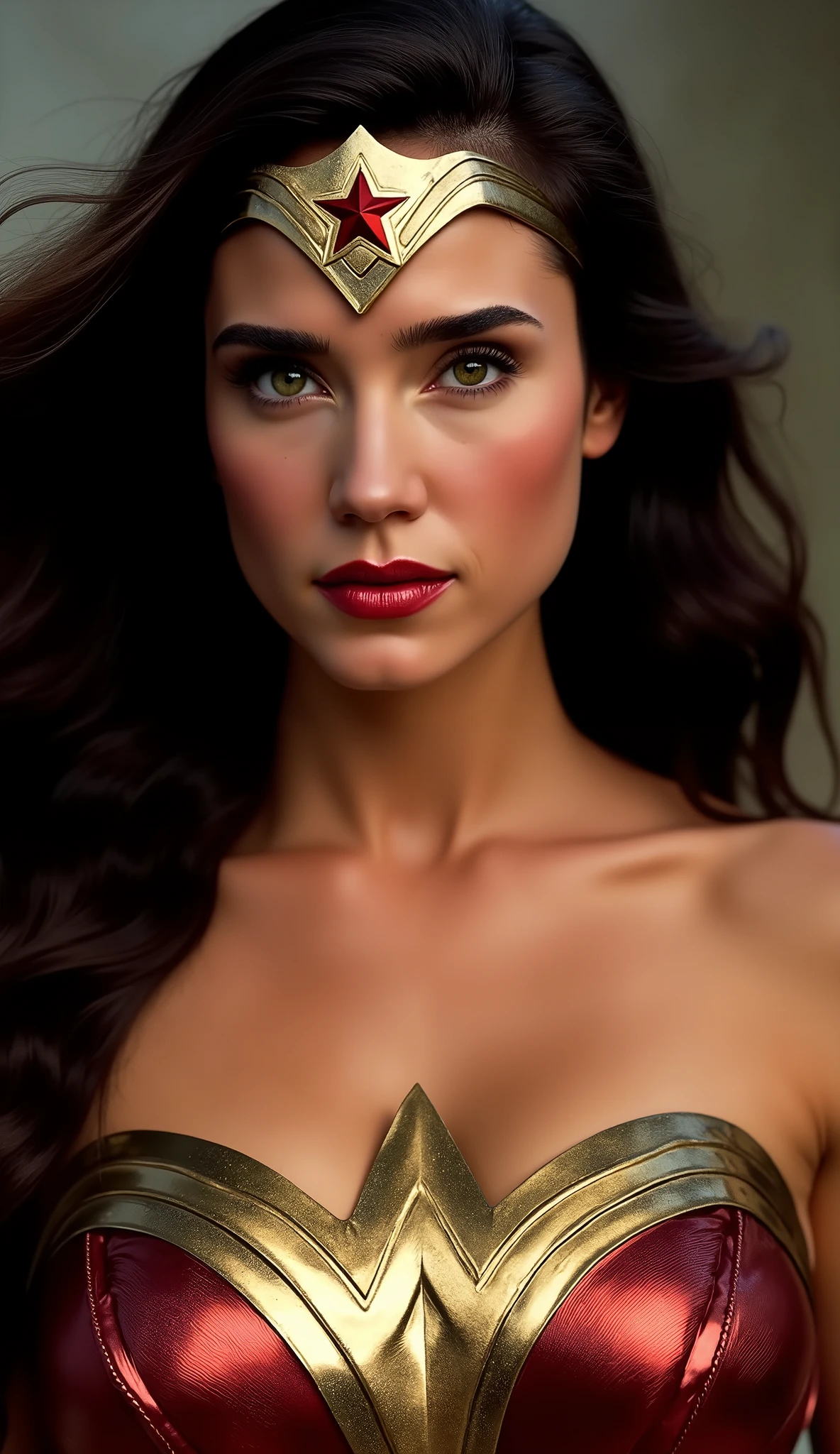 Wonder Woman , highlighting her role as a leader and symbol of hope, is a figure of strength and elegance, that transmits power , but also a deep humanity. Seu rosto, marked by experience, it displays a firm expression, but welcoming . Her eyes are intense and penetrating, but also a vulnerability that connects her with others, in a version focusing only on her upper body. The eye transmits determination, but also a trait of empathy, Even in a more intimate posture focused on the upper body.
Her hair is long, with natural waves, and seems to almost float around her, The golden armor that covers her chest is polished. as if she were always attentive to the needs of those around her, que reflete a luz de maneira sutil. The tiara with the red star shines determination, as if being pulled by a gentle wind. Wonder Woman isn't just a warrior, The dark tone of her wires stands out against soft shine of her brown skin {x} with subtle lines of wear that indicate that it has been tested by battle, but still preserves your strength.
The ribbon of truth, with its discreet brilliance, rests next to your waist, and her posture transmits confidence and serenity. as if her inner strength were the true source of her beauty, she exudes an aura of silent power, reflecting a wisdom acquired over many battles. Wonder Woman não é apenas uma guerreira; she is also a symbol of justice, Strength and humanity.