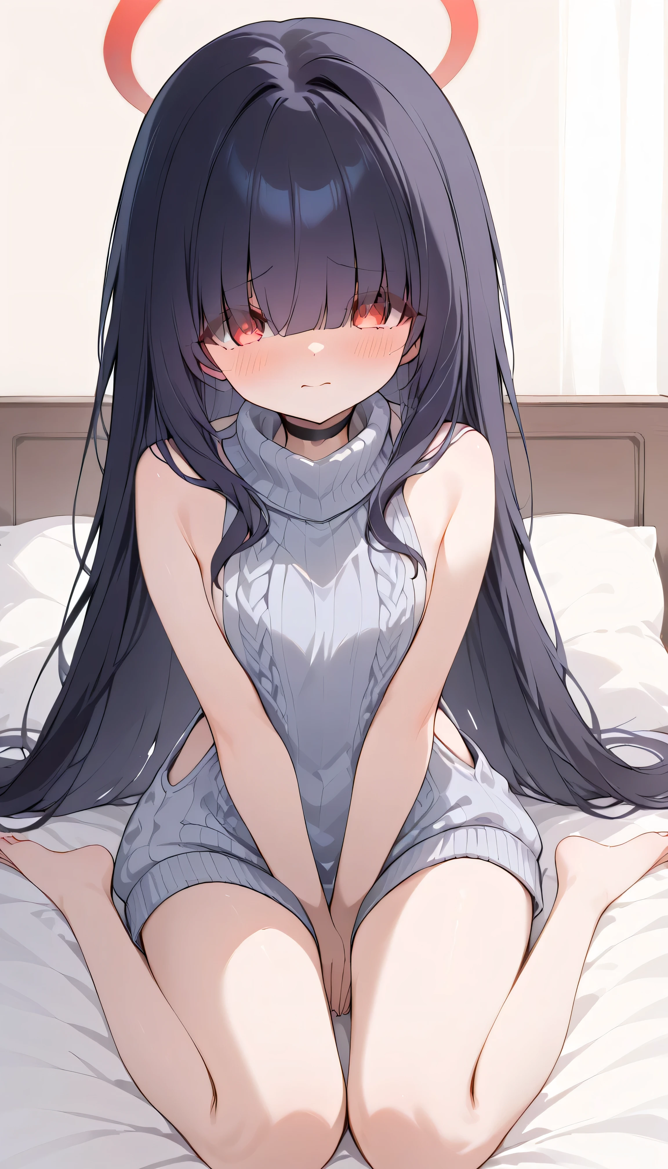 justice task force member (blue archive),red eyes,hair over eyes, black hair,halo,choker,solo, I can see my eyebrows from inside my hair, hair between eyes, Blushing Embarrassed, viewers, masterpiece, best quality, very aesthetic, thick thighs, widen legs bare feet Bare arms bed indoor virgin killer sweater,