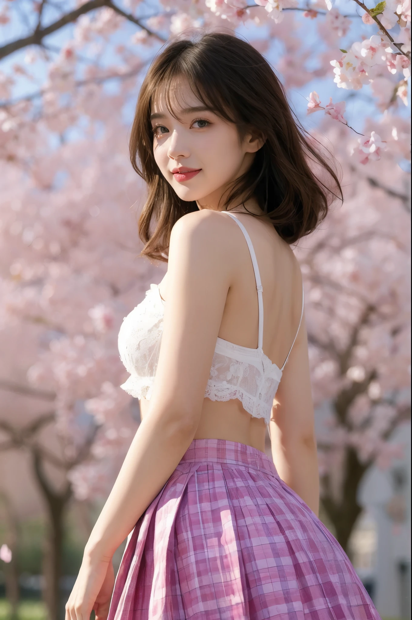 NSFW,8K、highest quality、masterpiece、超A high resolution、photograph、The elegance of beautiful Japanese women、Single-lens reflex camera、There are some good ones too、A transparent atmosphere、sexy lip、slanted bangs、beautiful face、medium long hair、make bangs、shy、natural soft light、22 year old girl wearing a suit、taking off the skirt、bank、Cherry tree,sitting on a picnic sheet,legs open,bra is visible,pants are visible,