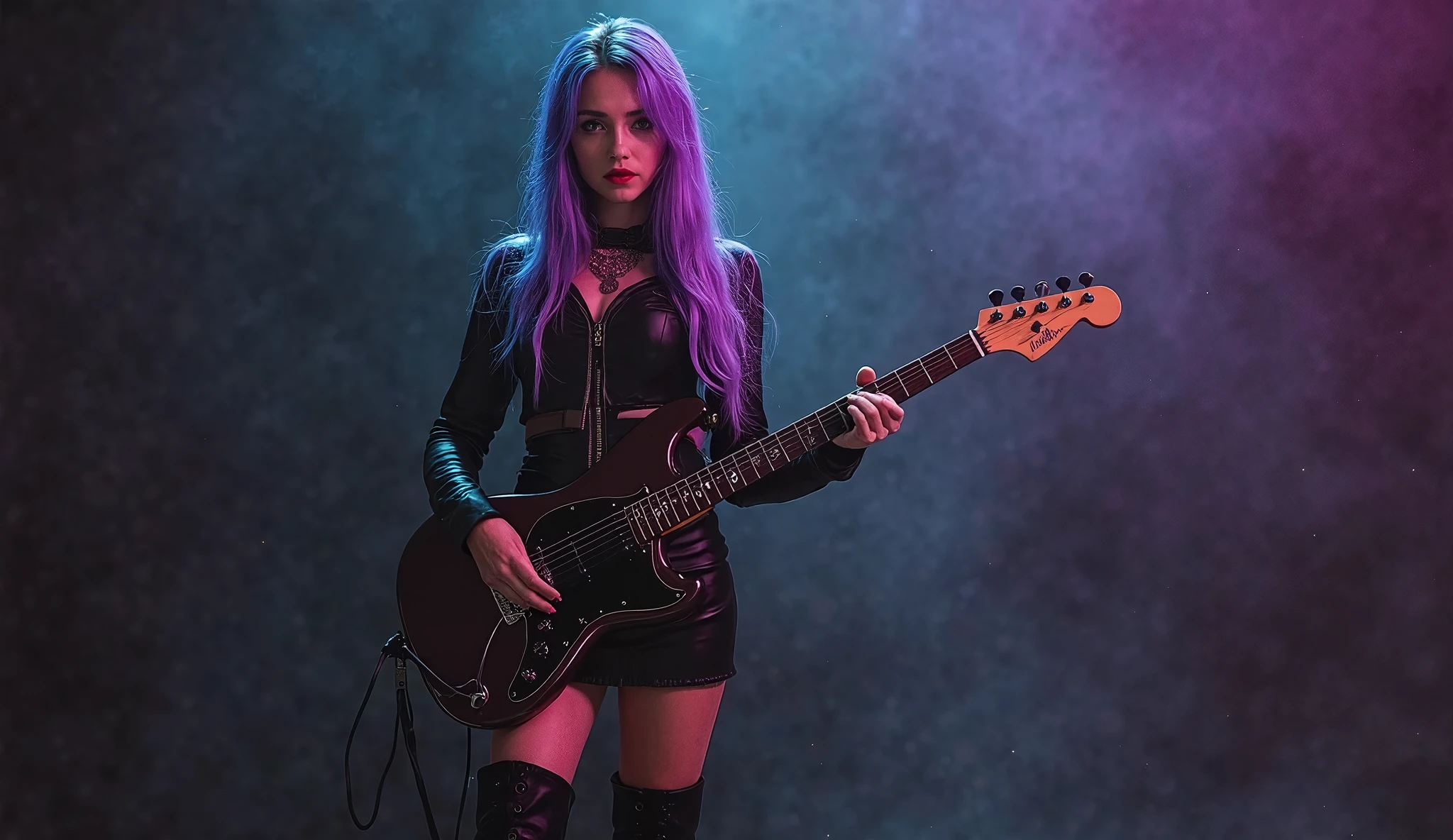 a nikon RAW photo of pale cute (emo) celebrity rock singer with dyed purple hair and natural breasts, goth, concert, stage, standing on stage, venue, concert hall, singing, holding microphone, singing into microphone, stadium crowd, concert crowd, skinny, 1girl, (dim lighting), full body, (visible pores:0.3) (high detailed skin:0.9), (feminine:0.5), 4k high quality, film grain, sfw, solo, photographed by Canan EOS R6, 135mm, 1/1250s, f/2.8, ISO 400