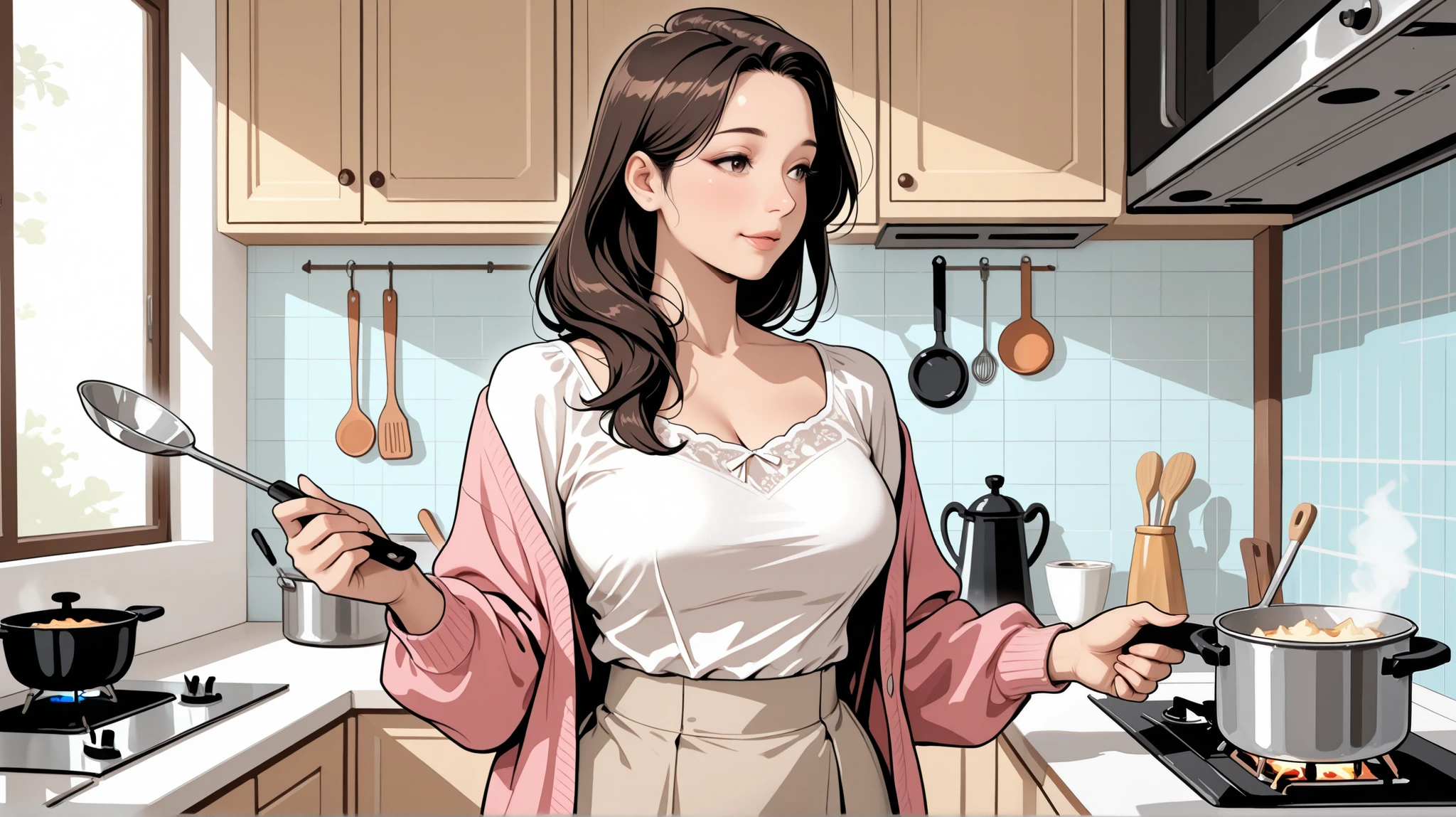high quality, Perfect Dynamic Figures, afternoon, Kitchen, ((loose hair)), Korean mature woman wearing a pink cardigan, white blouse, beige flared skirt, Bust shot
Cooking,
