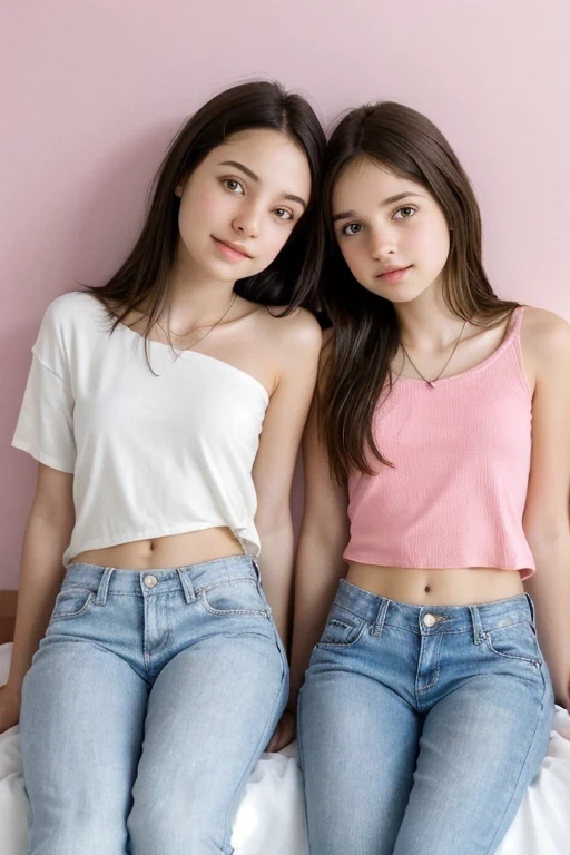 Two Latin agers, two girls, are sitting together on a bed. They are located in the center of the image, with their bodies slightly tilted towards the camera. The girl on the left is wearing a white one-shoulder top and light pink skinny jeans. The girl on the right wears a one-shoulder lime green top and light gray skinny jeans. Both wear long brown hair and smile. Their facial expressions are friendly and accessible. Their bodies appear slender and their posture is relaxed, with their arms and legs partially touching. look directly into the camera . The environment is a bedroom, with a white sheet and a light beige wall in the background. The lighting is soft and natural, without hard shadows. The general style is casual and accessible, focused on youthful attractiveness. The The composition is intimate and focuses on the closeness and comfort of girls. The colors are pastel and vibrant, Creating a Joyful Atmosphere. Both girls wear a black necklace.