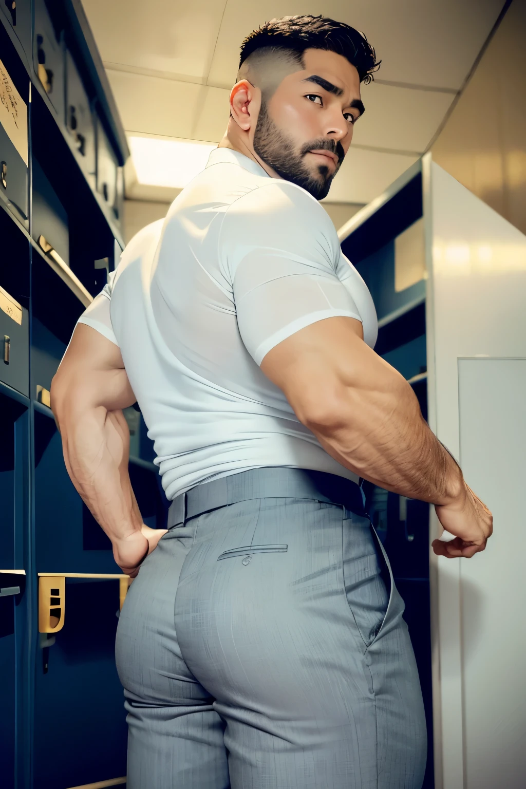40-year-old boy Japanese muscular male in transparent navy blue formal shirt......... short haired, bearded, wearing light grey trouser ...........gooning seductive expression.................... dripping on body and pants...................., arching back............... looking back to the camera. [[ huge big unrealistic butt,]] muscular thigh......................close up on butt........low angle camera looking up at body........... in locker room........
