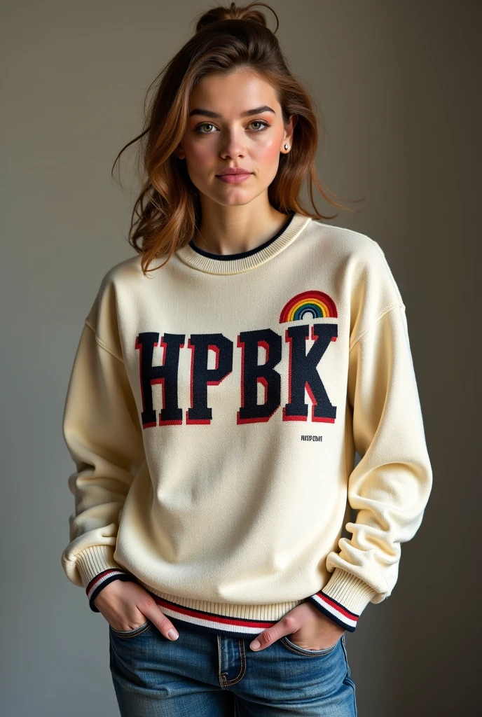 Create a sweater with the letters HPBK vintage models in the print design of the sweater and place a small rainbow detail on it instead of the sweater