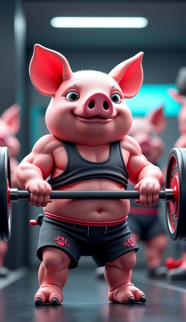 In the gym,Robust pigs,(Pink pig),The muscles are huge,Wear big red sports shorts,athletic sneakers,(Raise the bar with one hand),Good at facial expressions,Smug laughter,tmasterpiece,3Drenderingof,the highest picture quality,high detal,Ceiling lighting,Full body photo