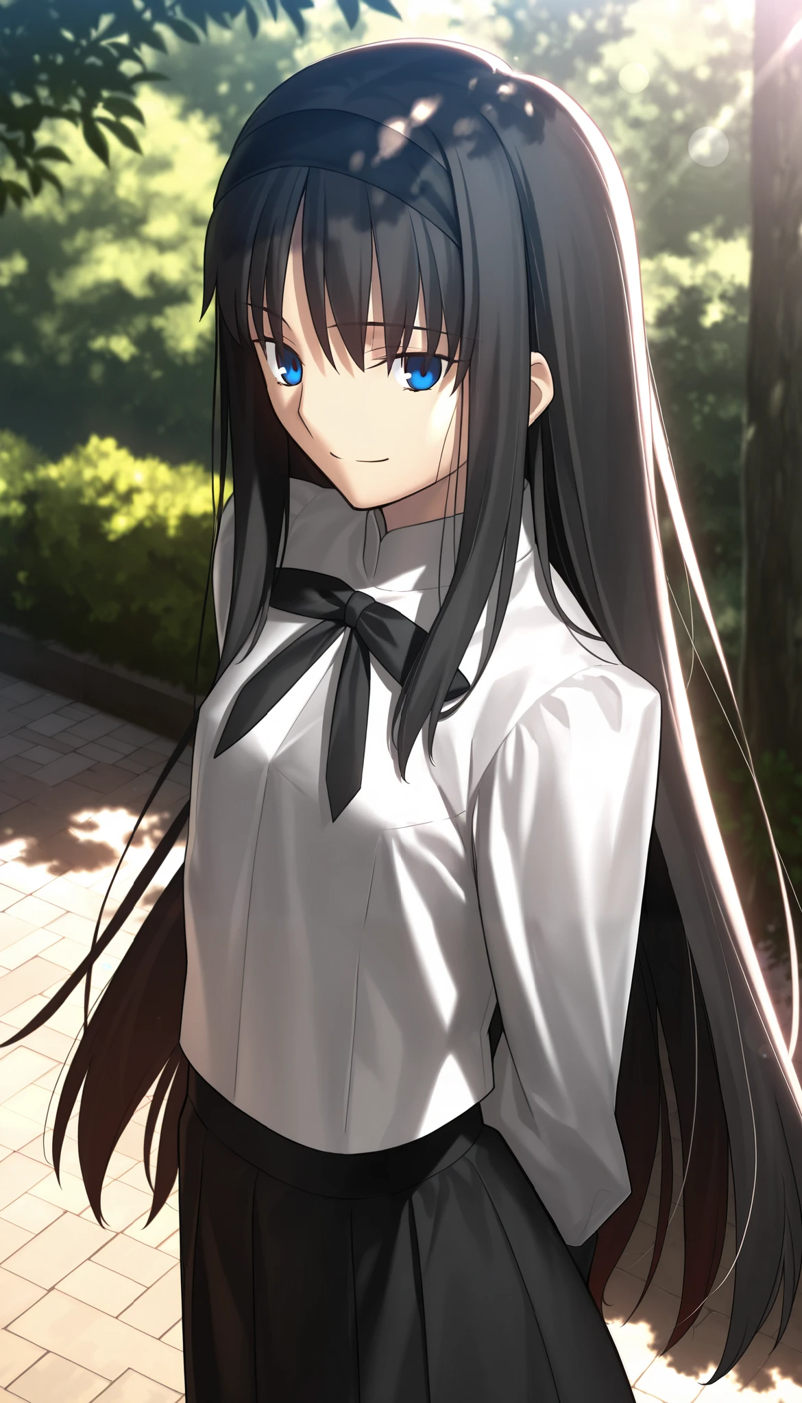 masterpiece, , absurdres, highres, detailed background, high resolution, masterpiece, necessary, detail, best quality, quality, necessary, details, High details, Precise, dark, outdoors, dappled sunlight, day, lens flare, blurry background, from above, upper body, from back,                                            
                                                                                                                                                                                                                         1girl, , Takeuchi Takashi (type-moon,tsukihime) style, takeuchi takashi style, 
   
tall girl, mature, Akiha_Tohno, (tsukihime), black hair, bangs, long hair, blue eyes, half-closed eyes, black headband, straight hair, tsurime, ,(arms behind back), smile,
(white shirt, black long skirt), nipple, black ribbon, small breast, flat chest, , looking at viewer, , 