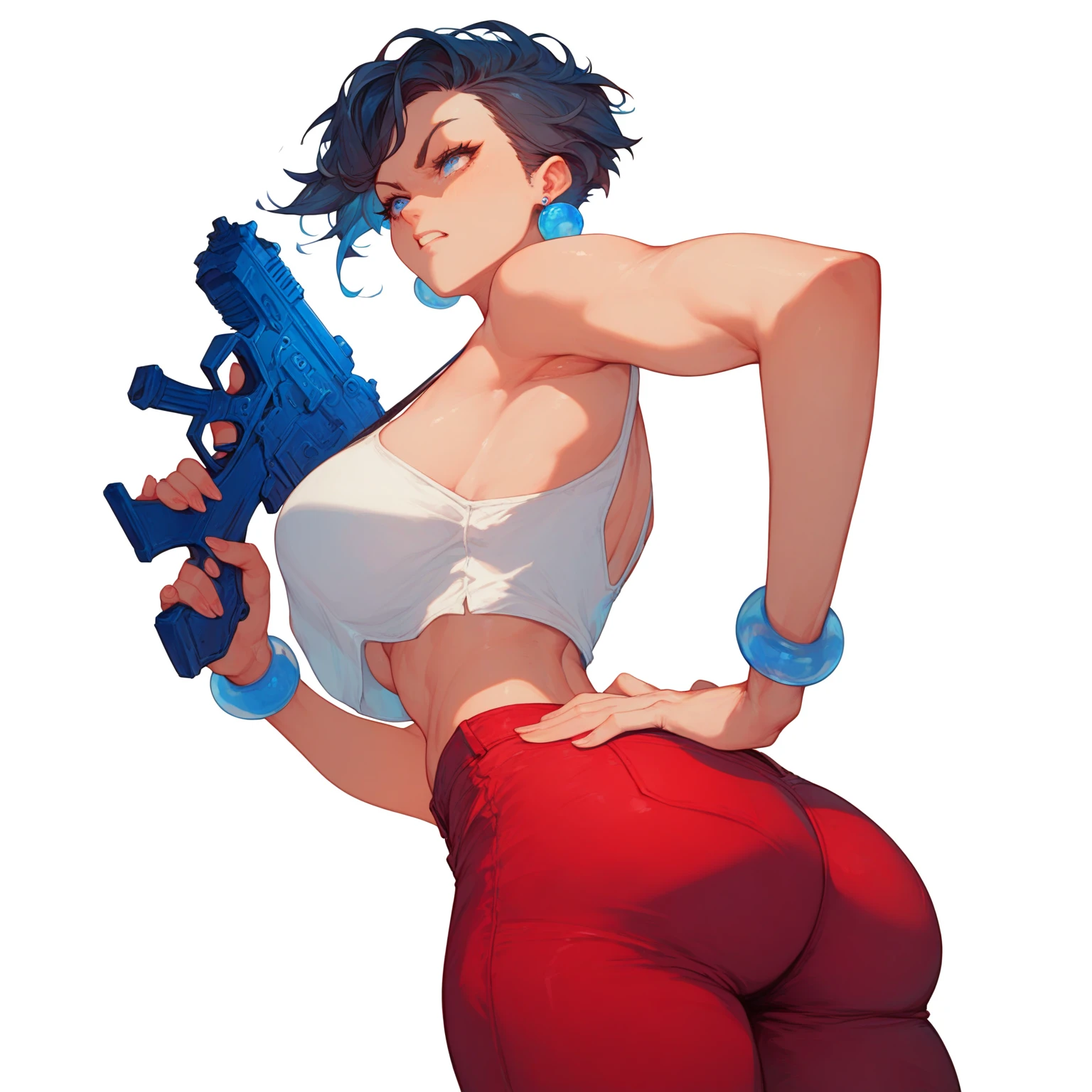 young girl, Pullover, whole body to see, short hair, (( very wide hips)), (((colossal Thighs, gigantic thighs, very huge thighs, very big thighs))), fullbody, soldier girl, Fit girl, ABS, mini bikini, small bikini, Cyberpunk, angry smile, holding gun, Battle, curly short hair, big smile showing teeth, exited, Fishnets stockings, freckles, sleveless, shoulderless, tanned, brown skin, black skin,