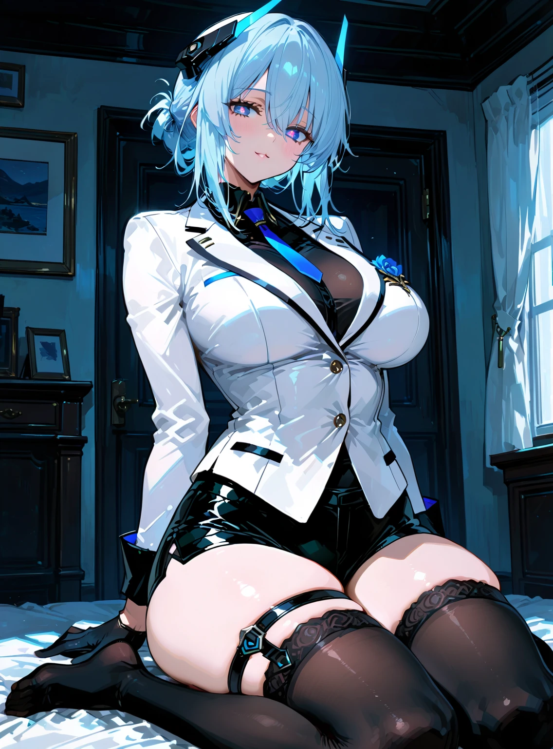 Blue eyes, white hair, very short hair, cross-dressing, knight, black gloves, pants, beautiful girl, surprised, blushing, teary eyes, changing clothes, cute, worried eyebrows, nipples, legs, stockings, black highlight color