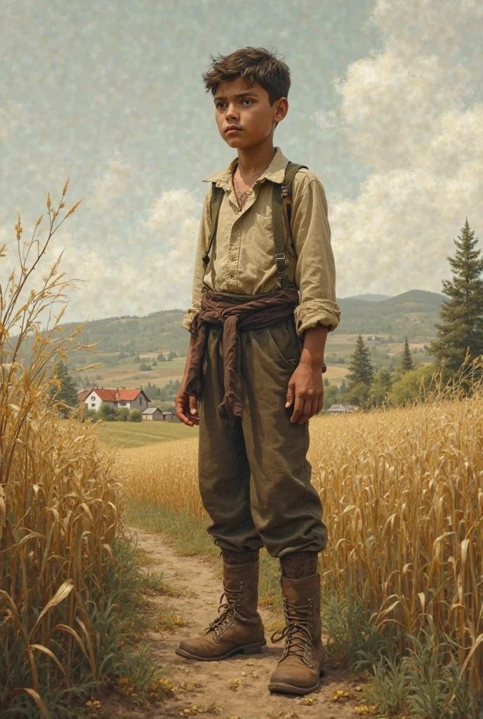 Jules Bastien-Lepage Style - Close-up of a young boy of the 1890s, showing joy, wearing a wide-brimmed hat, wearing overalls. profile view. Claude Monet painting Style.
