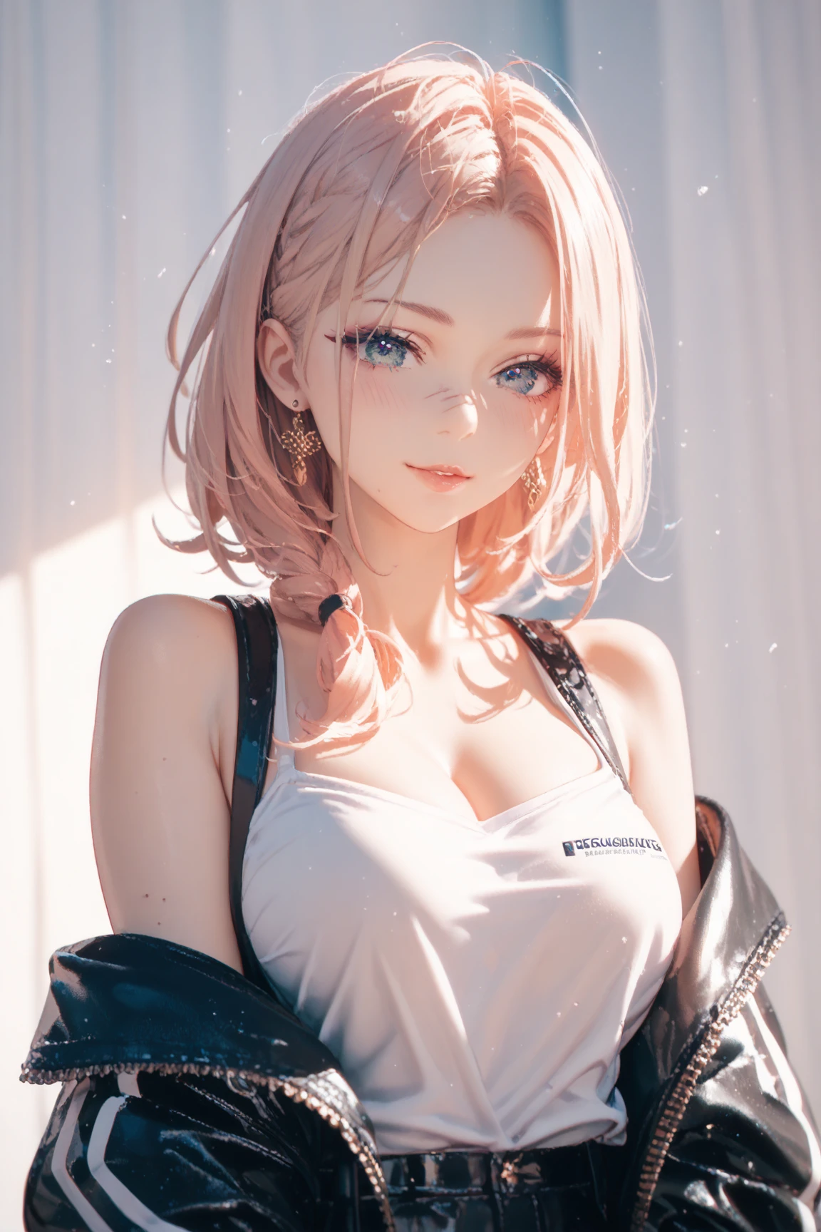 ((Highest quality, 8k, masterpiece :1.3)), (Sharp focus :1.2, Beautiful woman with perfect figure :1.4, Slim Abs), ((Big Breasts, Emphasize cleavage:1.2)), (Photorealistic:1.4), (realistic:1.4), (Pink Hair:1.5), Highly detailed face and skin texture, Fine grain, double eyelid. Makeup face, A little bit of lipstick, sex appeal, Sexy gravure pose, ((A high school girl in uniform、I'm waiting for the bus at the bus stop with my legs crossed。Her beautiful legs stand out、In the background, the cityscape is bathed in the sunset.。The black backpack is an accessory.。:1.3))