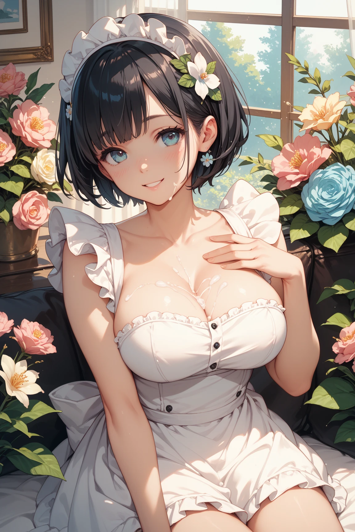 highres, sharp focus, pixiv masterpiece, ((intricate details)), highly detailed, upper body, 1girl,blue hair, short hair, Pure white wedding dress, hair ornament, cleavage,detached sleeves, ribbon,  Big Breasts、cute、smile