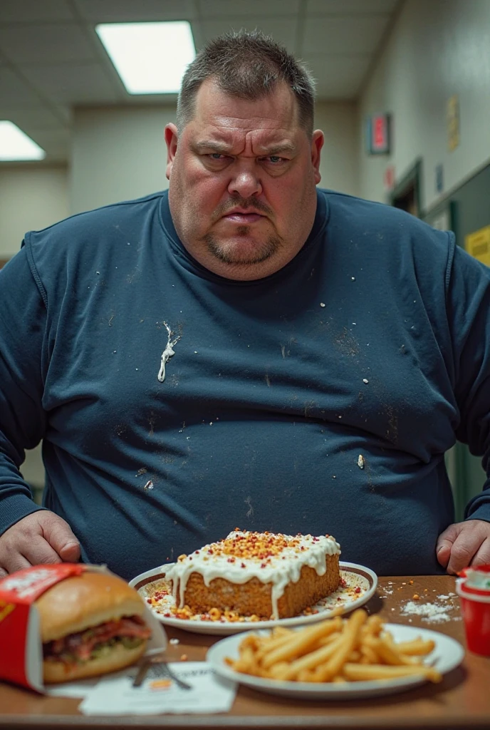 Only plump, chubby, extremely thick thighs, large belly, wearing only red swim trunks, Random face man of 56 years old has a large slightly gray beard, he is working inside a cafeteria preparing hamburgers, serving burger to customer. He is holding a plate with a burger and fries in his hands. He wears glasses.