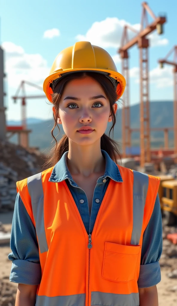A 20-year-old girl with a very cute face like an idol.、Gentle and cute、A kind smile、Building construction site、Sitting down with some workers for a break、Yellow Helmet、Work clothes、Cleavage、It&#39;s hot so she&#39;s in her underwear、Her underwear is clearly visible、whole body、RAW Photos、Genuine、Genuine、High resolution、Genuine Life