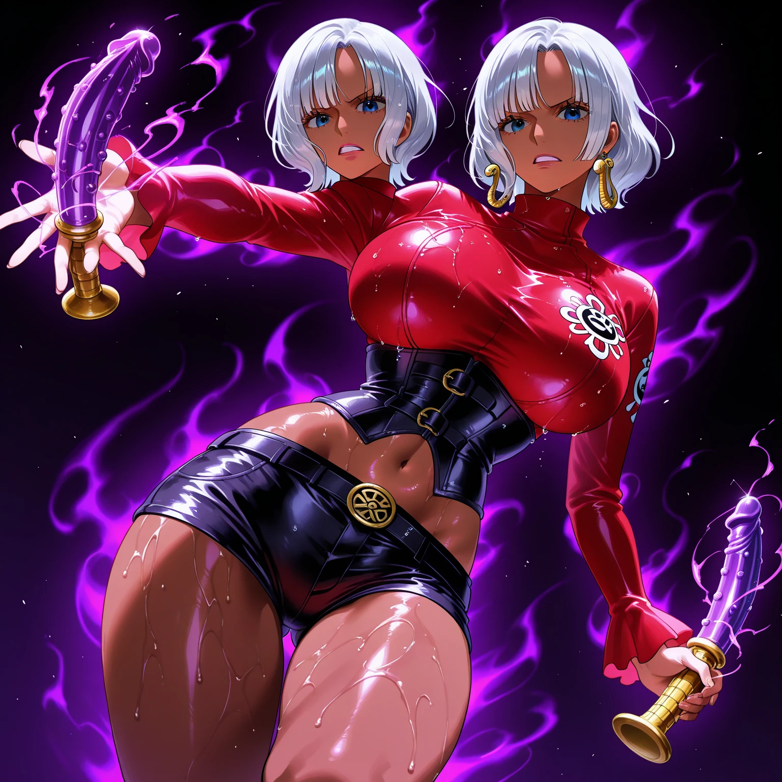 Serious face、(Grin:1.6)、(In 4K)、(High resolution:1.2)、(High freshness)、、(Whole Body Ezbian:1.2)、((short hair:1.2))、(Huge, Vibrant, Fake breasts:1.4)、Deep Valley、(Fight demons、Two brave women with great powers:1.6))、Skin Dance、 (Hard chest:1.6)、(Orange eyes)、((tight competition swimwear:1.6))、(Perfect body:1.8)、Wide Hips, Thick thighs, Huge Ass、Skin dents、(barefoot:1.2)、(Great abs:1.4)、(Tight waist:1.4)、(White Background)、(Dark Skin:1.4)、