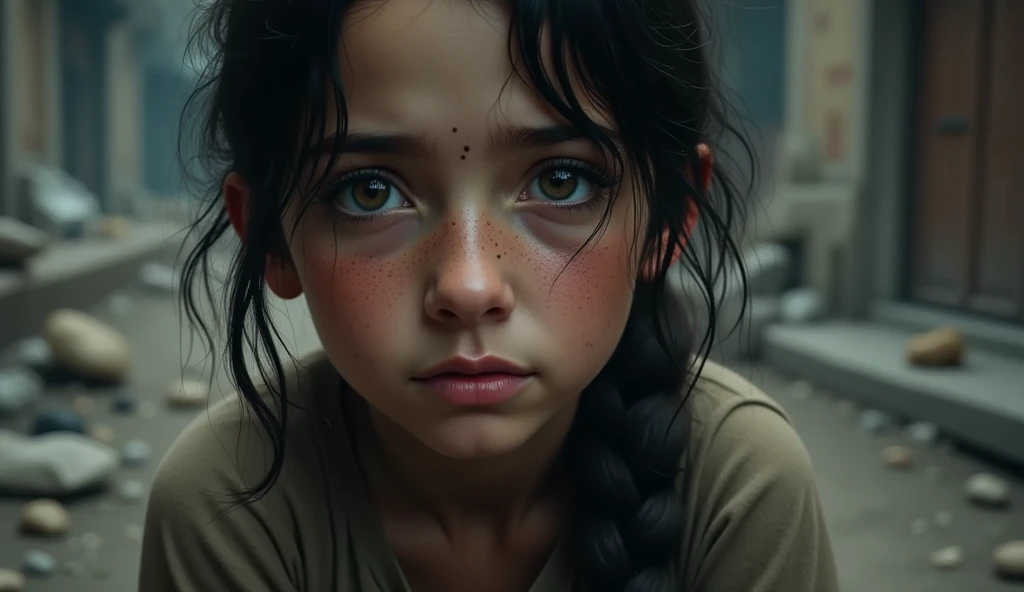 Introducing the protagonist, a young girl named Ellie. She is shown alone, navigating through the debris, her face reflecting determination and resilience. The camera zooms in on the hope shining in her eyes.