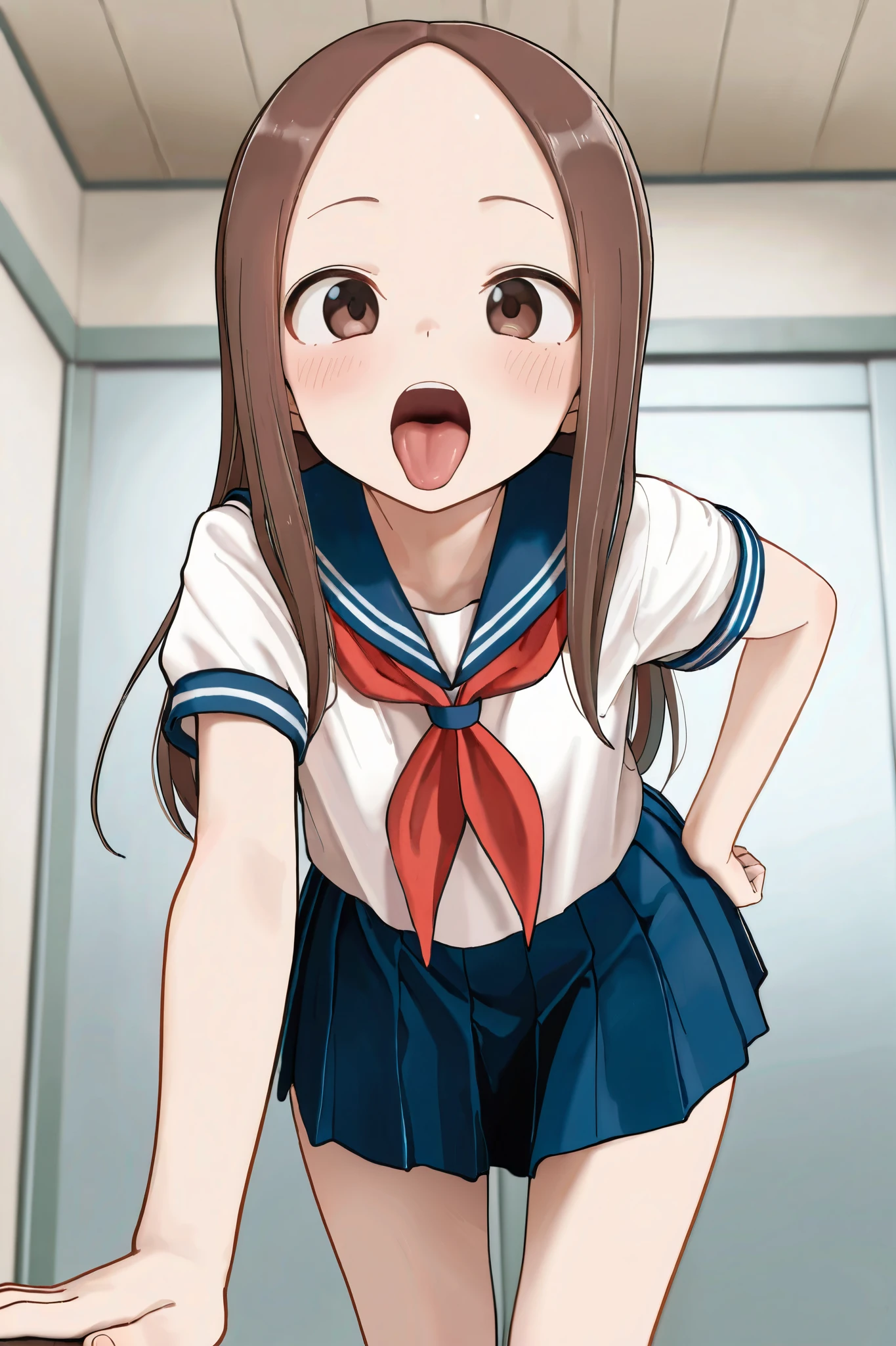 NSFW,masterpiece,best quality,high definition,very detailed,Takagi\(からかい上手のTakagi\),long hair、 Hair,Forehead、clavicle,sailor suit、sailor color、red neckerchief、white shirt、Short sleeve、pleated skirt、blue skirt on the tongue
