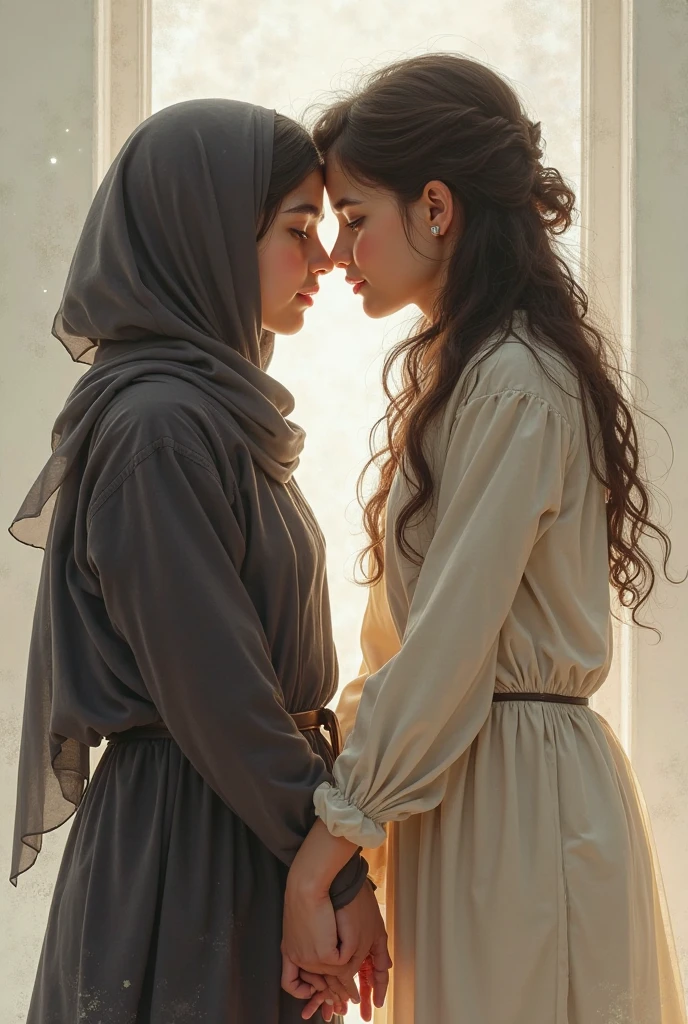 tender moment between Saira and Aisha, with Saira holding Aisha close and whispering words of strength, their expressions calm despite the chaos outside.