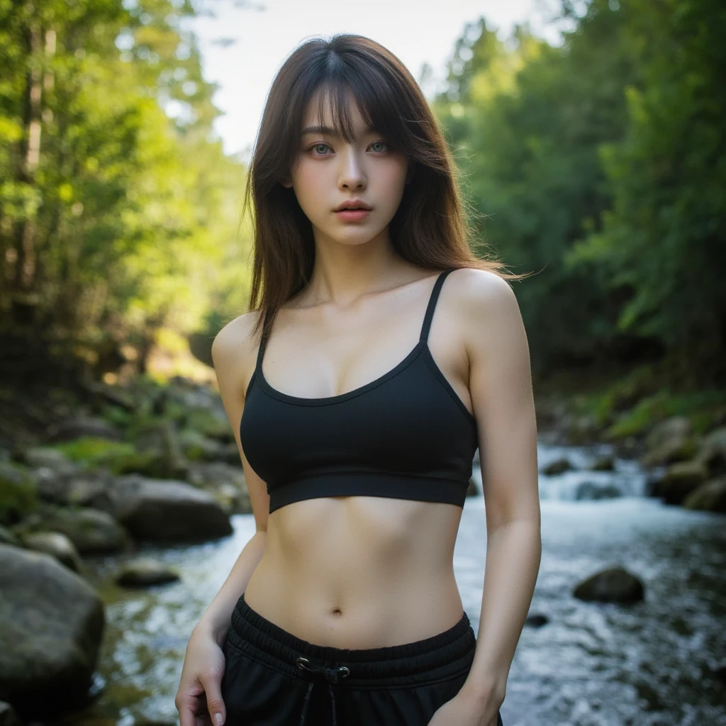 (Raw photo:1.2), (Photorealistic), Beautiful detailed girl, Very detailed eyes and face, Beautiful detailed eyes, Huge file size, High resolution, Very detailed, Best Quality, [masutepiece:1.6], Illustration, Very detailed, Fine detail, Best Quality, 32K Wallpaper, perfect Lighting, trekking in the mountain woods, 1 girl, 16 years old, Perfect body shape, medium breast, Cute drooping eyes, Beautiful big eyes, Light in the eyes, short brown wavy hair on ponytail, (random color sexy low cut sport shorts and small sport bra, trekking shoes, cotton knee socks, sexy pose, AV style photo, cameltoe, underboob, erotic body, full body photo from below,
