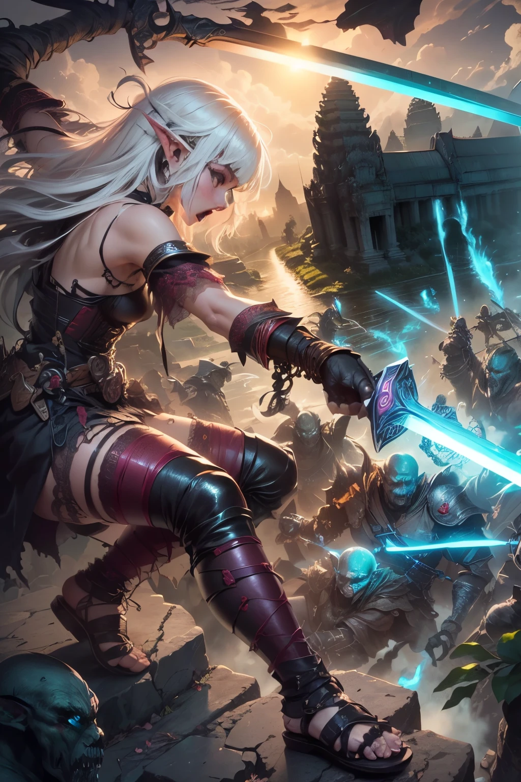 (Ultra-detailed face, Looking away, Gothic Illustration, Dark tone colors.), BREAK
(An ancient fortified city like Angkor Wat in medieval Asia. Scenes of battle with orcs on the battlefield. Fantastic. Mysterious.), BREAK
(A young female dark elf swordsman screams and roars, twisting her body in a daring pose, slashing orcs from the bottom up with a slender, slightly warped sword in her hand. The orcs are trying to swing down at her with large bush knives. The woman is depicted from a viewpoint looking down on her from above.), BREAK
(She has white hair and white eyebrows, crisp bangs, shoulder-length messy, wavy hair, small pink lips, lavender eyes, dark purple skin, and eyeliner.), (She wears an Asian-inspired lace-up dress sewn from a crimson lace fabric with cherry blossom embroidery. She wears sandals woven with thin strings of dark green soft leather.)