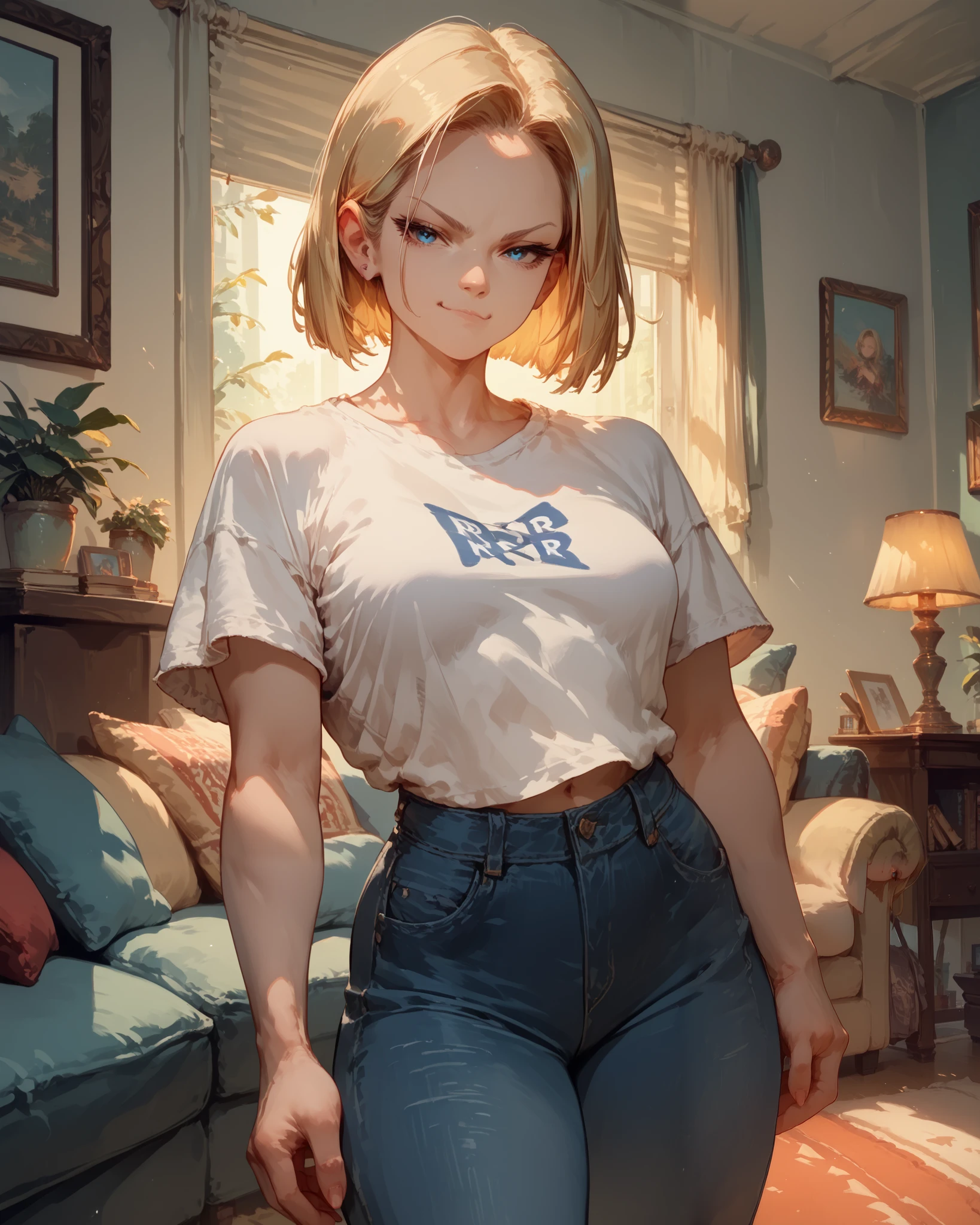 score_9, score_8_up, score_7_up, score_6_up, source_anime,Android 18,mature woman, indoors, living room, from front,arms by side,t-shirt,cowboy jeans,arms by side,closed mouth,blue eyes,standing,medium breasts,looking at viewer, smug smirk,