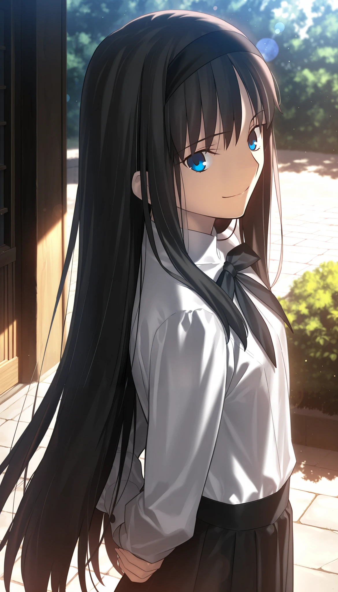 masterpiece, , absurdres, highres, detailed background, high resolution, masterpiece, necessary, detail, best quality, quality, necessary, details, High details, Precise, dark, outdoors, dappled sunlight, day, lens flare, blurry background, from above, upper body, from back,
1girl, , Takeuchi Takashi (type-moon,tsukihime) style, takeuchi takashi style,
tall girl, mature, Akiha_Tohno, (tsukihime), black hair, bangs, long hair, blue eyes, upturned eyes, black headband, straight hair, tsurime, ,(arms behind back), smile,
(white shirt, black long skirt), nipple, black ribbon, small breast, flat chest, , looking at viewer, ,