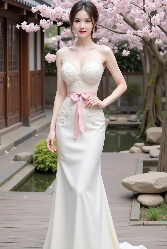 masterpiece:1.2, Highest quality), Realistic, (live-action, Intricate details, Depth of written boundary), (One girl, alone), compensate, Lips parted, Very detailed, Perfect Face, (Skin Dentition), Thick thighs, Wide Hips, Narrow waist, expensive, Glossy coral lips,, (Girl in wedding dress holding flowers in hand )), sexy, blush, Mikasa from AOT