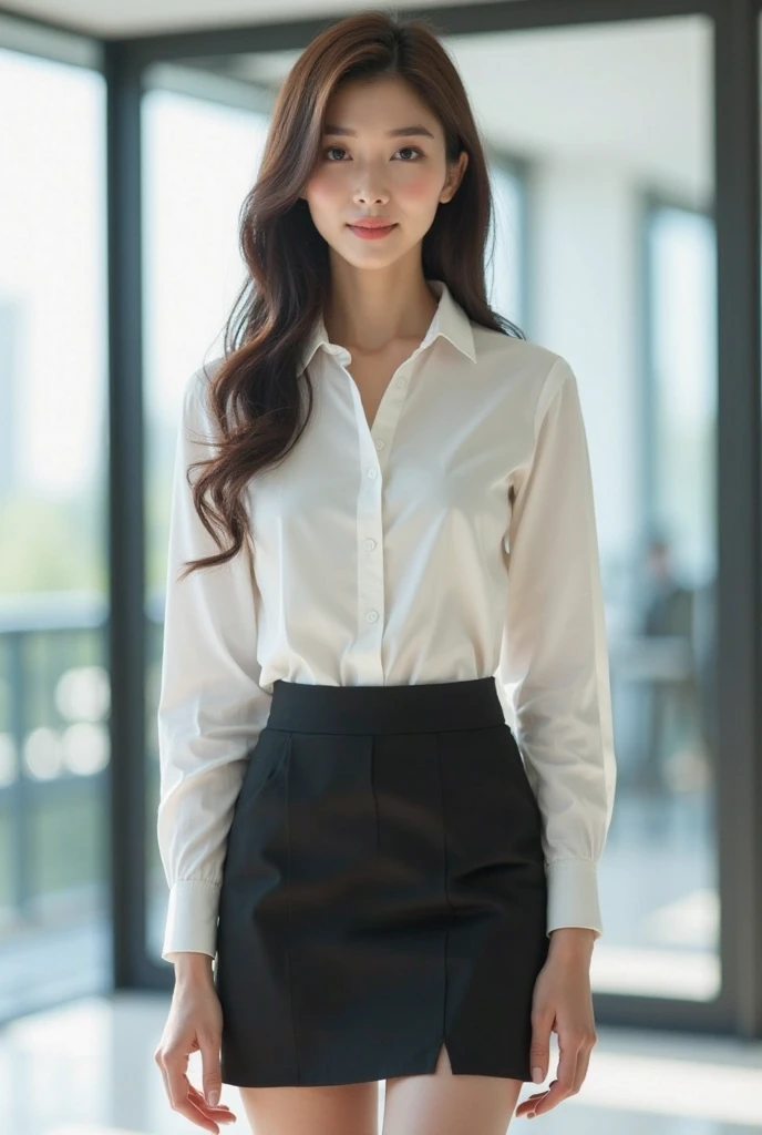 tmasterpiece, Best quality at best, realisticlying, 8K, RAW photogr, Ultra-high sharpness,The is very detailed, absurd res, professional, Office lobby,Extremely detailed eyes and face,1 pretty girl,In black suit,looks into camera,Elongated legs,Black trousers,Delicate face slimming,,white skinned,natural soft light,canon 6d,wide angles