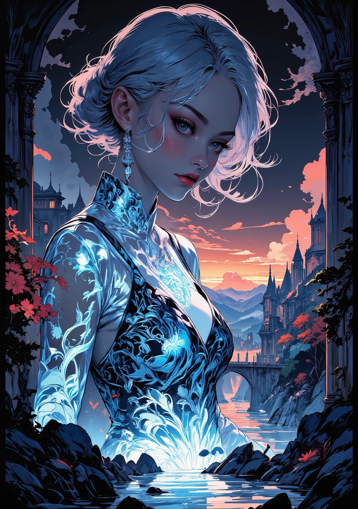 Silhouette art, breathtaking detail, a masterpiece that inspires awe, a shining, magnificent, dark background, the outlines of magnificent architectural objects emerging in the dark, ornate and incredibly detailed, pink, blue, neon-outlined castles and towers, delicate arches, aerial bridges spanning the transparent waves of the emerald channel enclosed in granite slabs Along the mossy embankment, the midnight glow at the horizon highlights the depth of the fabulous landscape and creates a fantastic color gradient, a photorealistic portrait of a stunning oriental pale-skinned woman.-the vampire, the queen of nocturnal fantasy, looking down over her shoulder, a long white bob, bangs, finely detailed strands falling over her face, give the image mystery and mystery, slightly squinted almond-shaped expertly lined, very light, almost snow-blue irises, the shadow on her eyes from incredibly thick, curved long, almost doll-like eyes eyelashes, parted full juicy shiny crimson lips, showing slightly exposed snow-white fangs, a seductive, sultry, lustful mistress dressed in the finest iridescent lace, through which shines a luxurious, white, delicate, seductive body, silhouette, light falling from the side of the face, the other side of which is hidden in darkness, the atmosphere of an intriguing dark mystery, highly detailed digital art on the theme of Gothic fantasy, surrealism and abstraction.