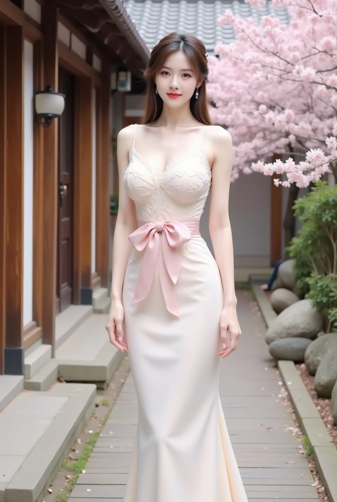 Gentle and charming Chinese beautiful woman, half body photo, delicate and sexy collarbone, charming oval face, double eyelids, smart peach blossom eyes, pink lips, small upturned nose, bare shoulders, focused face, face close-up, ultra-high-definition, Super details, elegant standing, lace embroidered high-waisted skirt, lace flower hollow design, meticulous workmanship, full of big-name style, the tight skirt is perfectly wrapped, so that the natural and smooth body lines are fully displayed.