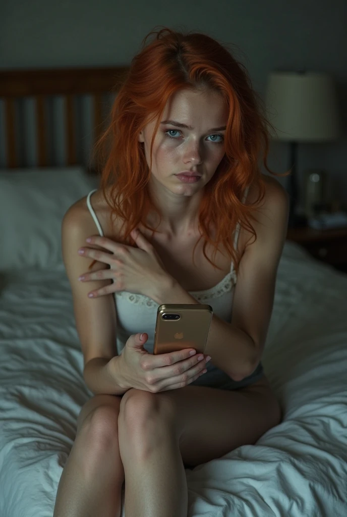 in a hotel room, A beautiful young adult European woman with light red hair in lingerie, She is lying on the edge of the bed, crossing and bending her legs, and is covered in plastic., has eyes with red pupils, emotionless gaze, has a barcode label attached to the abdomen , On one side of the bed there is a large open briefcase and it has spy stuff, hyperrealistic quality image